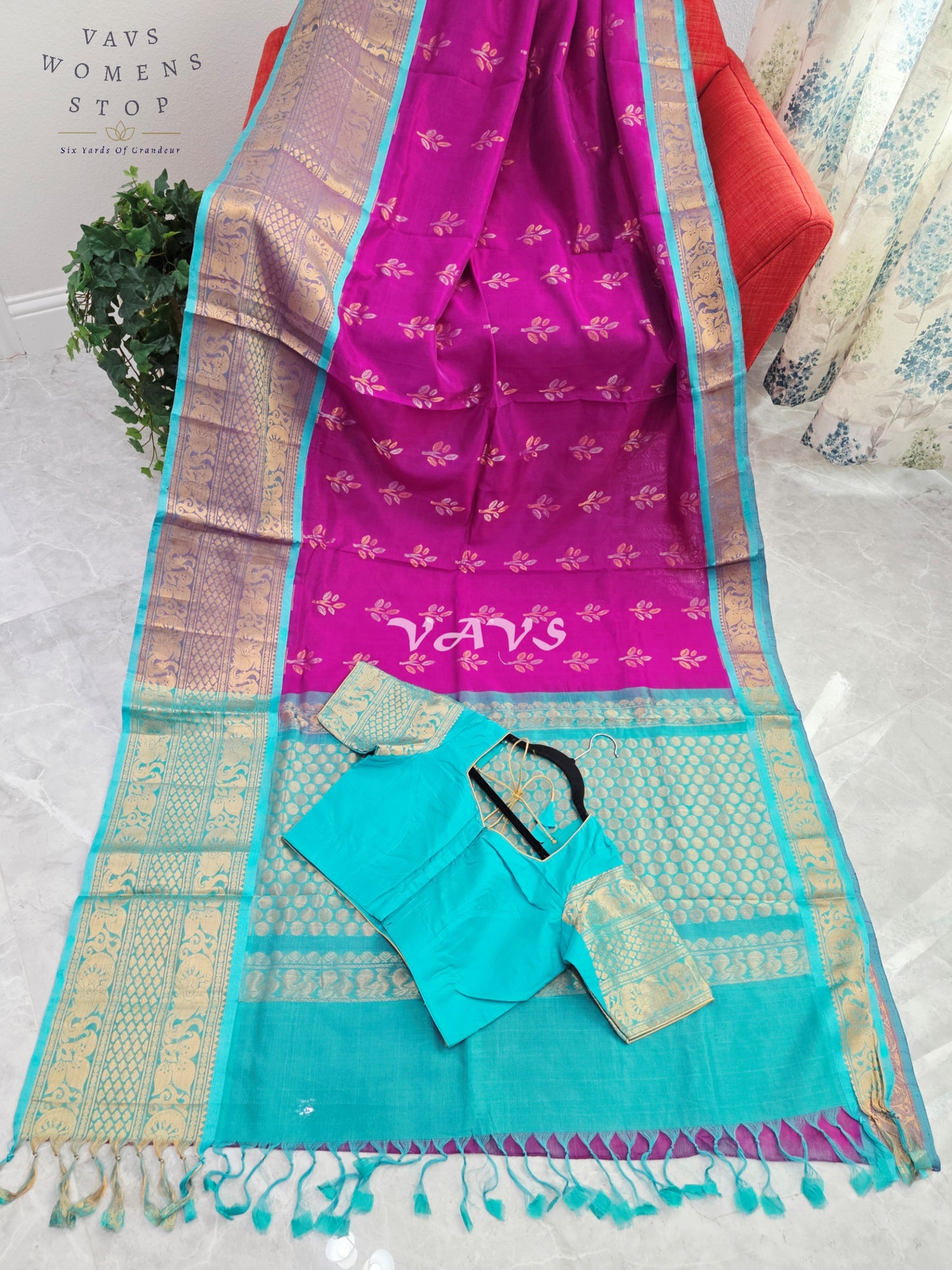 Royal Orchid Fuchsia & Aqua Turquoise Mangalagiri Pattu Handloom Silk Cotton Saree with Antique Gold Zari Border & Stitched Blouse
