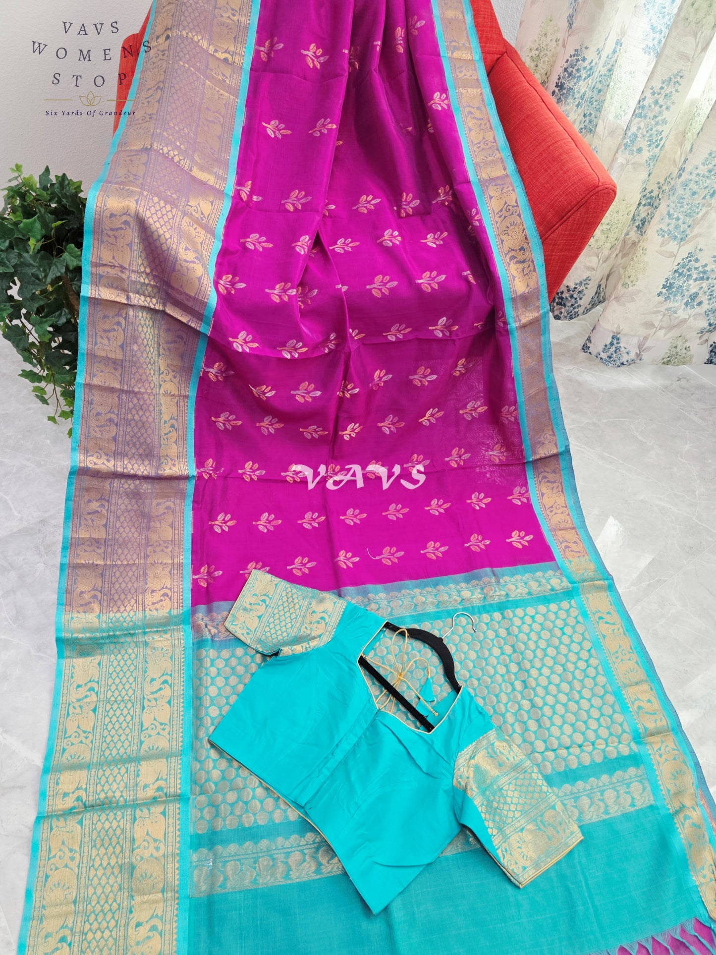 Royal Orchid Fuchsia & Aqua Turquoise Mangalagiri Pattu Handloom Silk Cotton Saree with Antique Gold Zari Border & Stitched Blouse