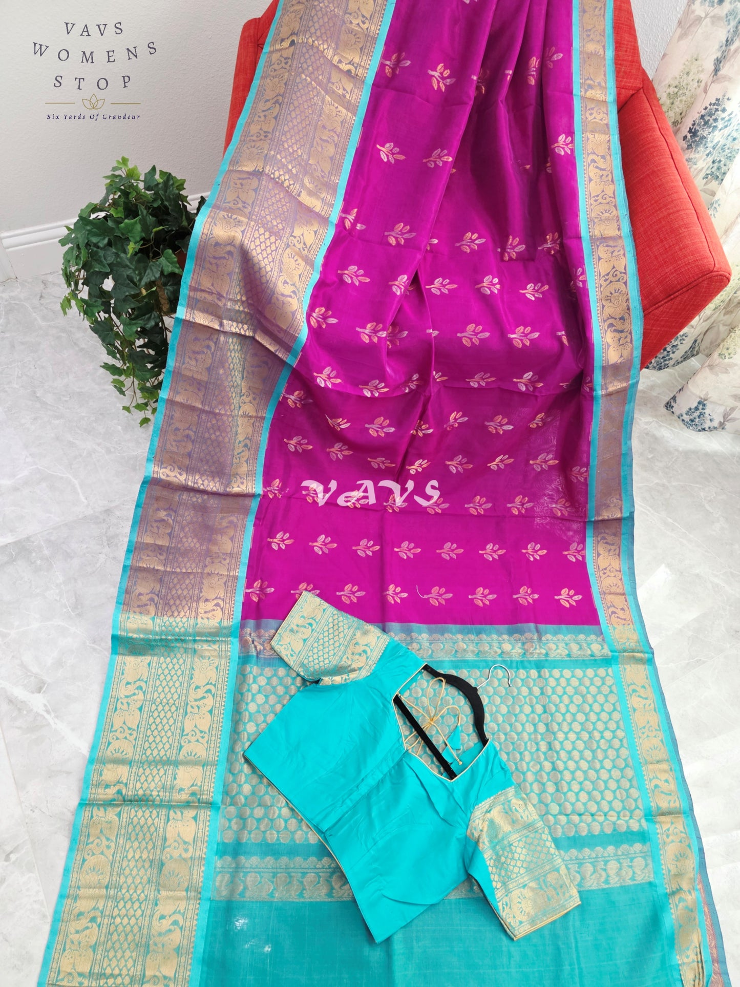 Royal Orchid Fuchsia & Aqua Turquoise Mangalagiri Pattu Handloom Silk Cotton Saree with Antique Gold Zari Border & Stitched Blouse