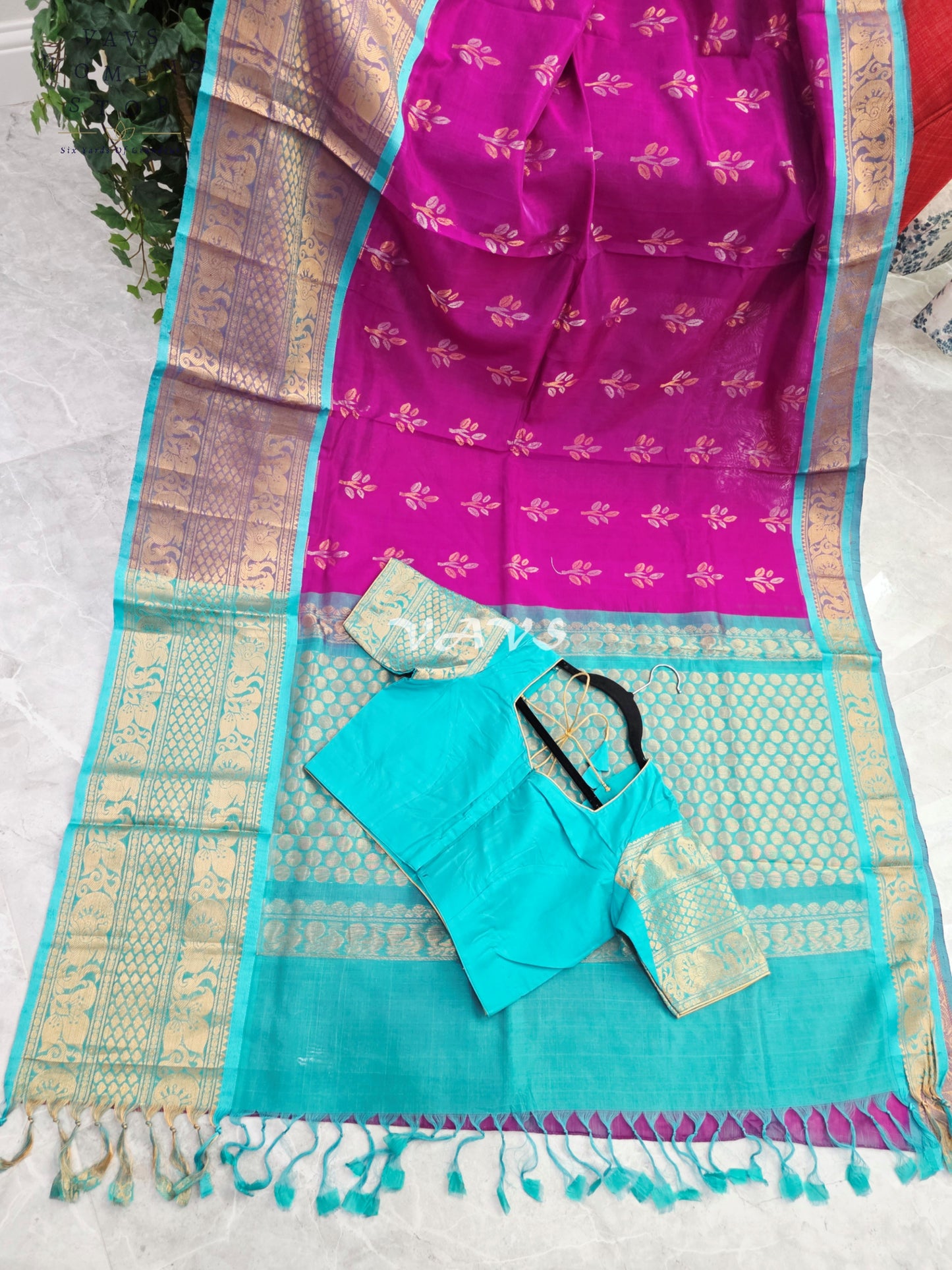 Royal Orchid Fuchsia & Aqua Turquoise Mangalagiri Pattu Handloom Silk Cotton Saree with Antique Gold Zari Border & Stitched Blouse