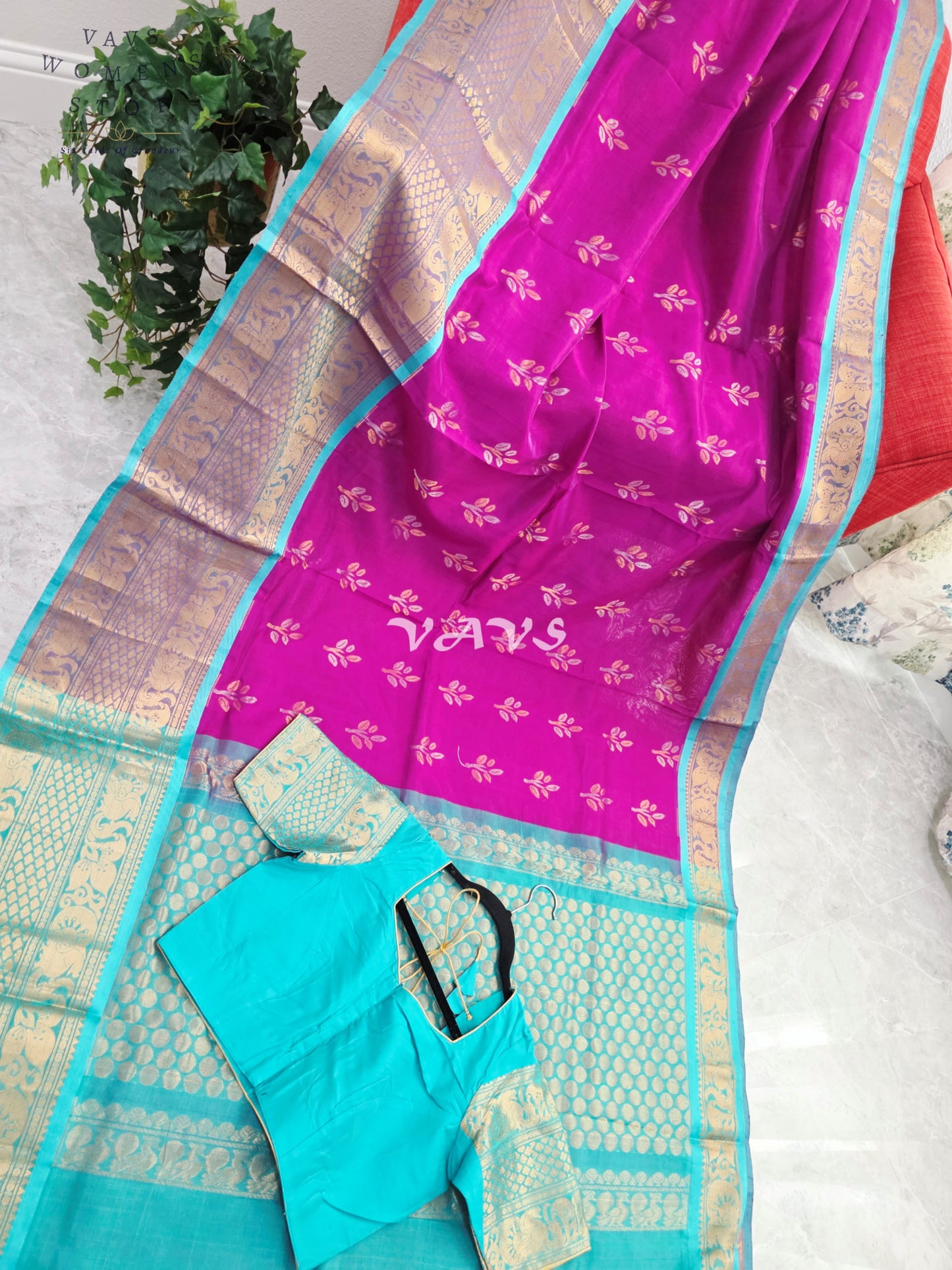 Royal Orchid Fuchsia & Aqua Turquoise Mangalagiri Pattu Handloom Silk Cotton Saree with Antique Gold Zari Border & Stitched Blouse