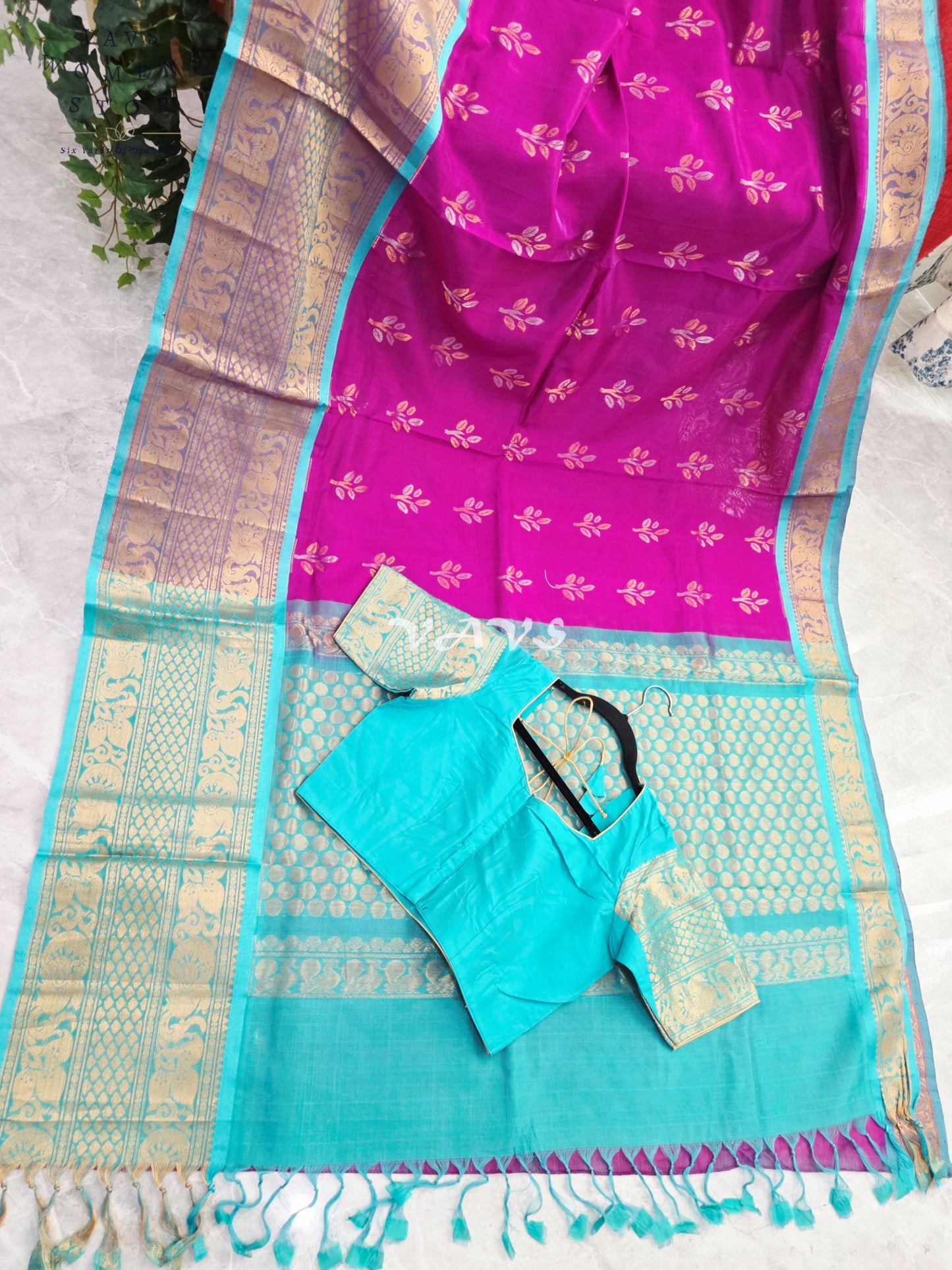 Royal Orchid Fuchsia & Aqua Turquoise Mangalagiri Pattu Handloom Silk Cotton Saree with Antique Gold Zari Border & Stitched Blouse