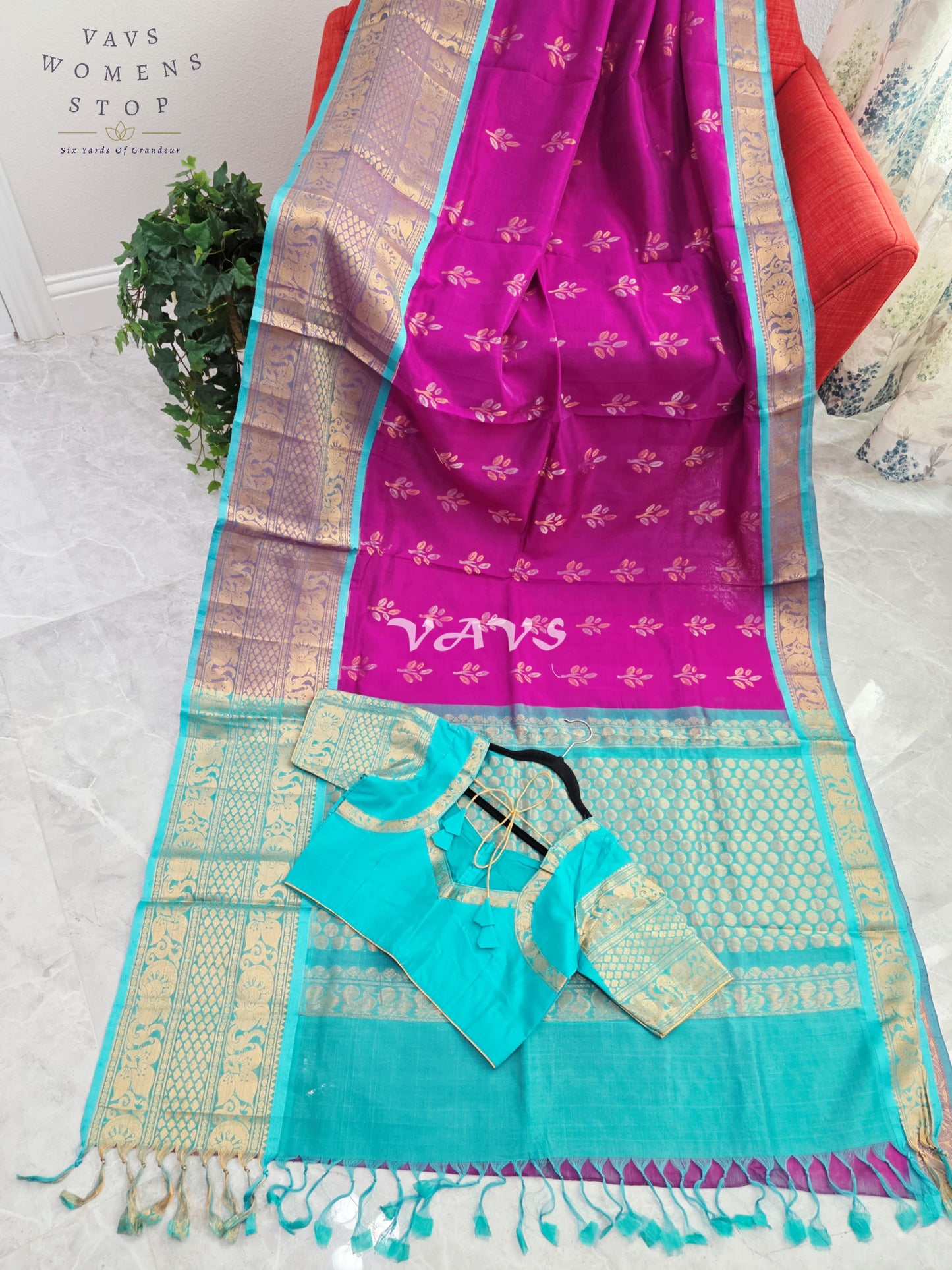 Royal Orchid Fuchsia & Aqua Turquoise Mangalagiri Pattu Handloom Silk Cotton Saree with Antique Gold Zari Border & Stitched Blouse