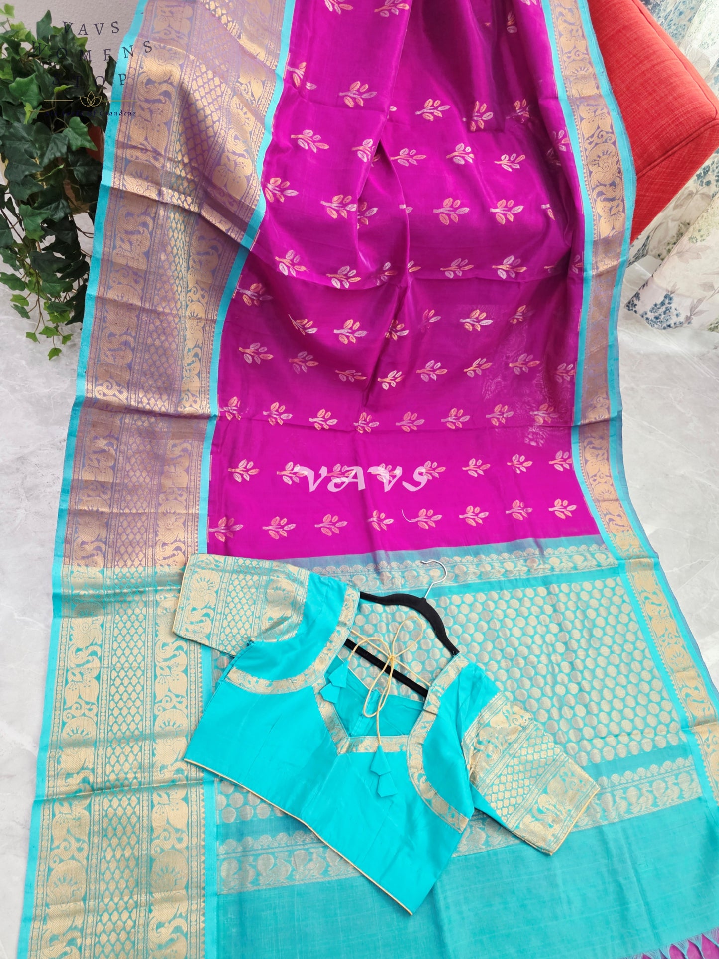 Royal Orchid Fuchsia & Aqua Turquoise Mangalagiri Pattu Handloom Silk Cotton Saree with Antique Gold Zari Border & Stitched Blouse