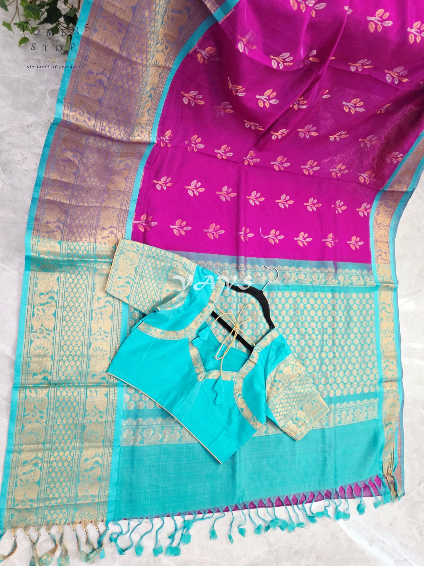 Royal Orchid Fuchsia & Aqua Turquoise Mangalagiri Pattu Handloom Silk Cotton Saree with Antique Gold Zari Border & Stitched Blouse