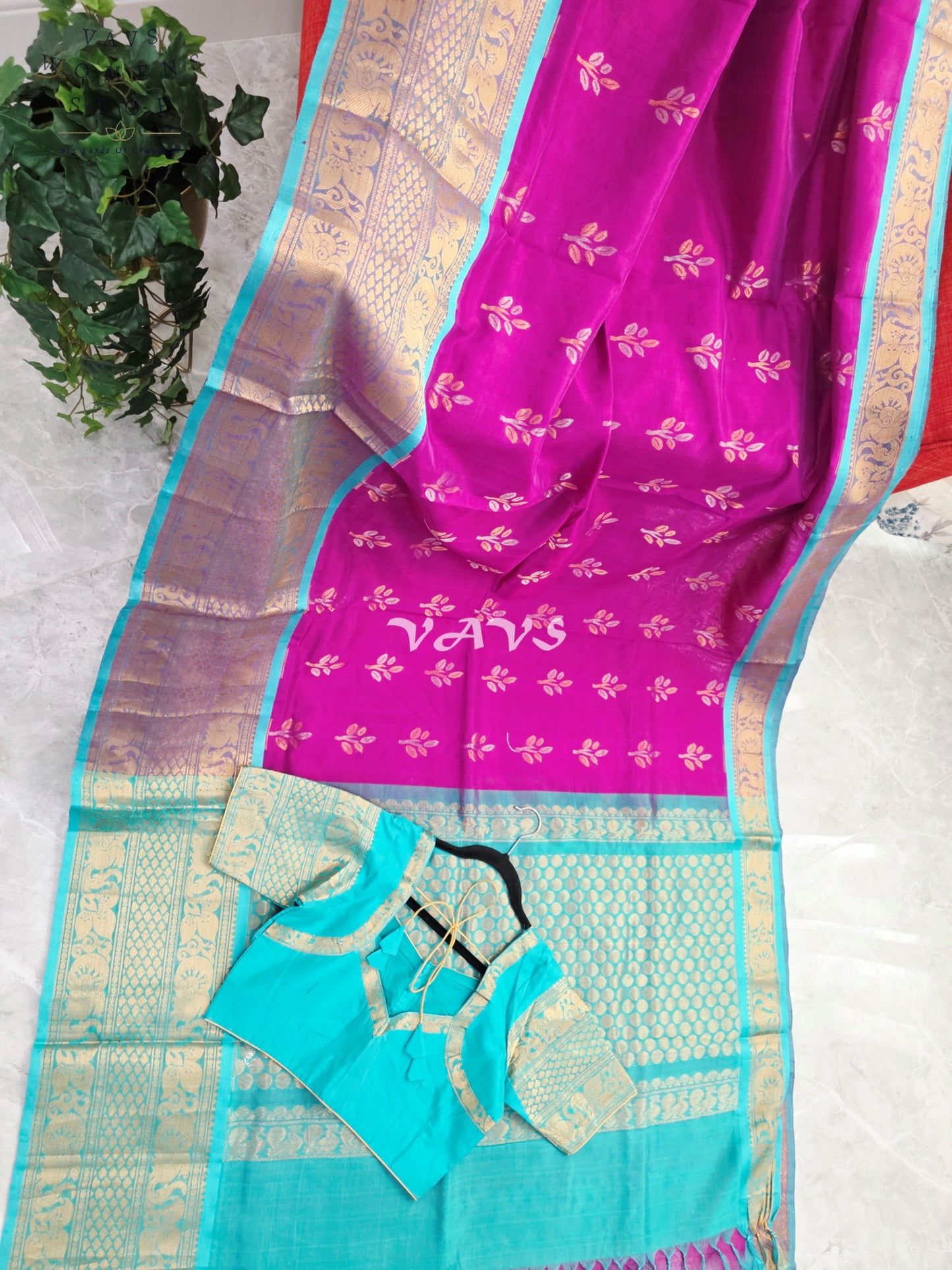 Royal Orchid Fuchsia & Aqua Turquoise Mangalagiri Pattu Handloom Silk Cotton Saree with Antique Gold Zari Border & Stitched Blouse