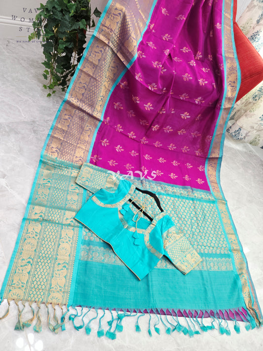 Royal Orchid Fuchsia & Aqua Turquoise Mangalagiri Pattu Handloom Silk Cotton Saree with Antique Gold Zari Border & Stitched Blouse