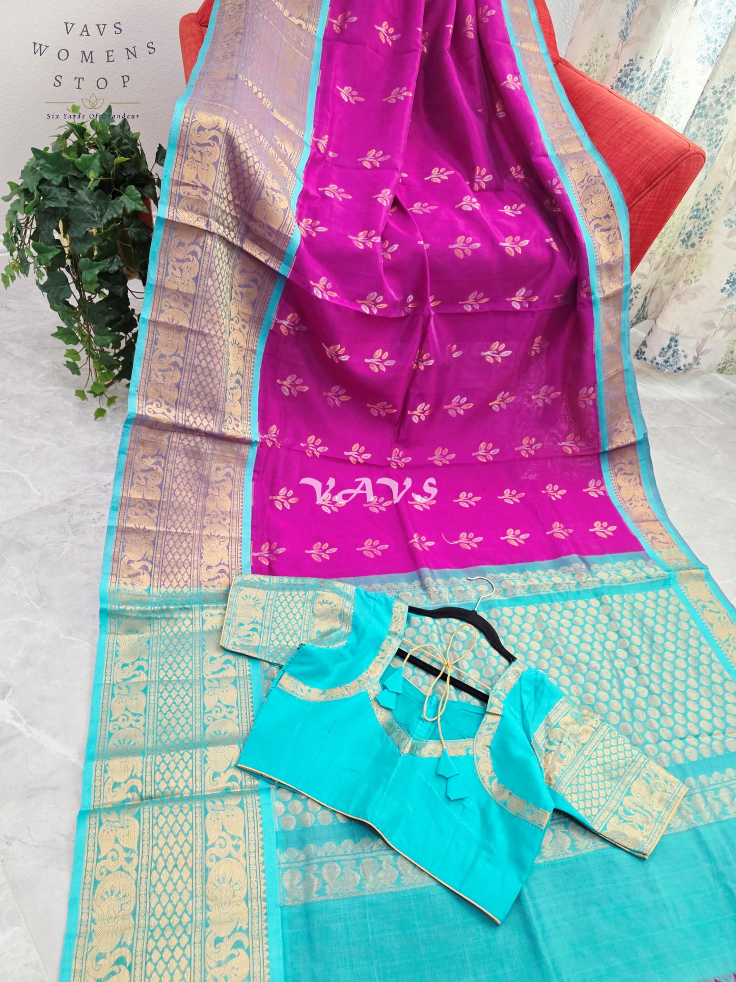 Royal Orchid Fuchsia & Aqua Turquoise Mangalagiri Pattu Handloom Silk Cotton Saree with Antique Gold Zari Border & Stitched Blouse