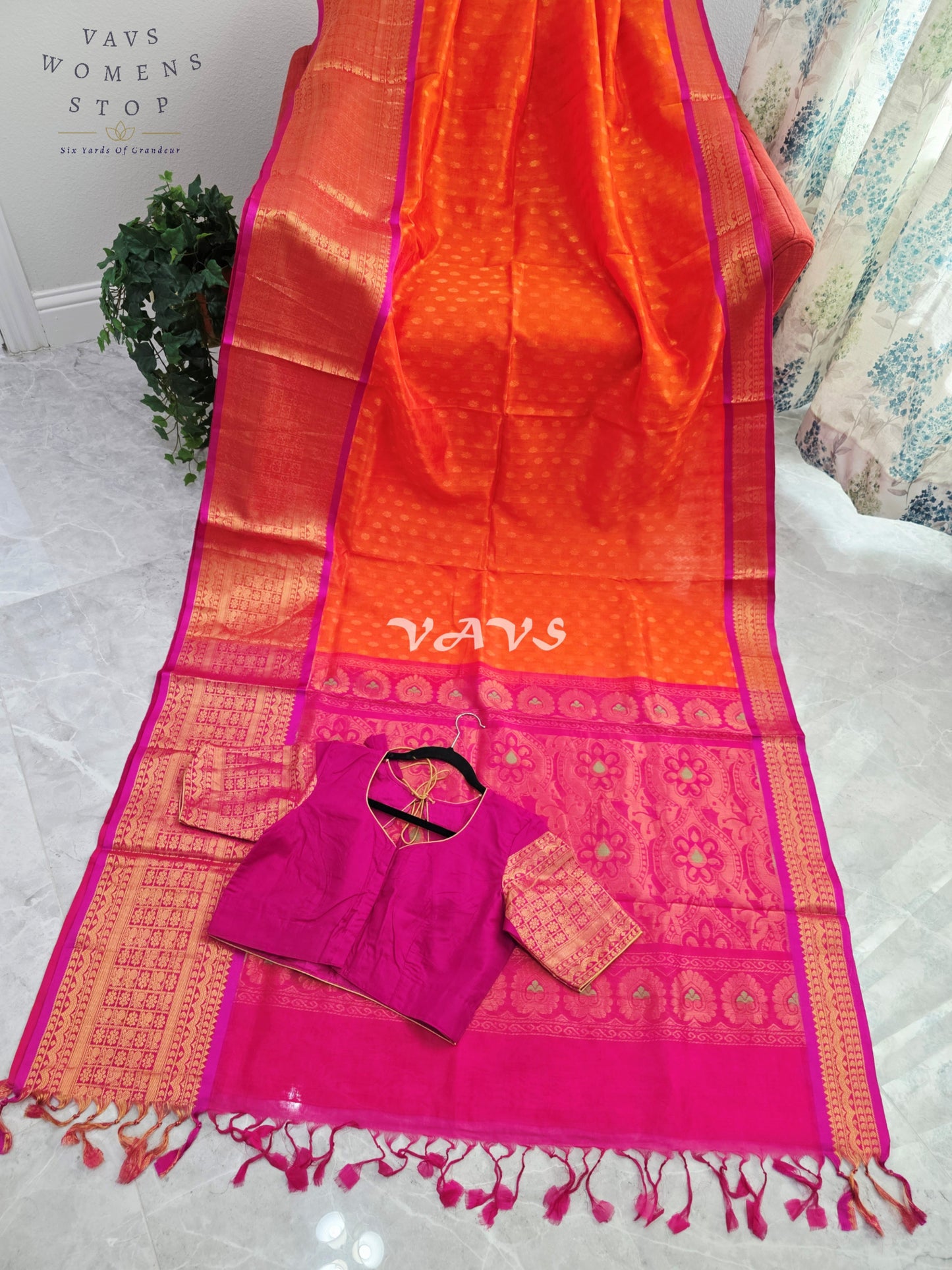 Royal Sunset Tangerine & Fuchsia Pink Mangalagiri Pattu Handloom Silk Cotton Saree with Antique Gold Zari Border & Stitched Blouse