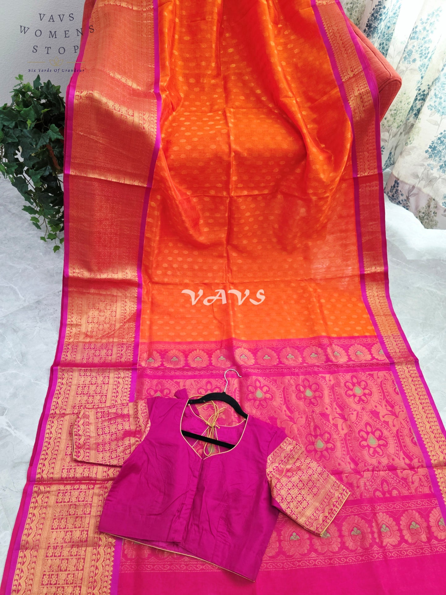 Royal Sunset Tangerine & Fuchsia Pink Mangalagiri Pattu Handloom Silk Cotton Saree with Antique Gold Zari Border & Stitched Blouse