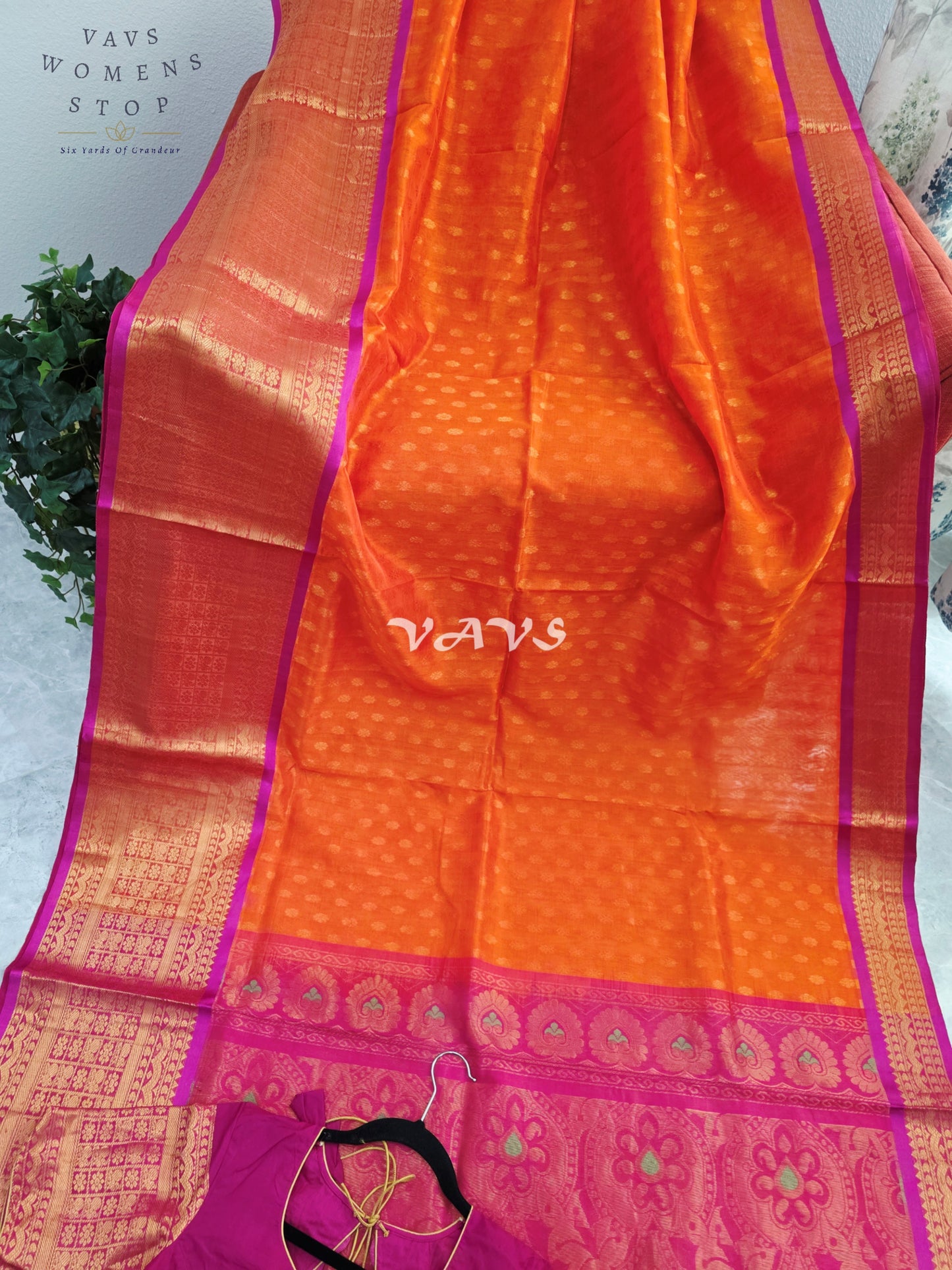 Royal Sunset Tangerine & Fuchsia Pink Mangalagiri Pattu Handloom Silk Cotton Saree with Antique Gold Zari Border & Stitched Blouse