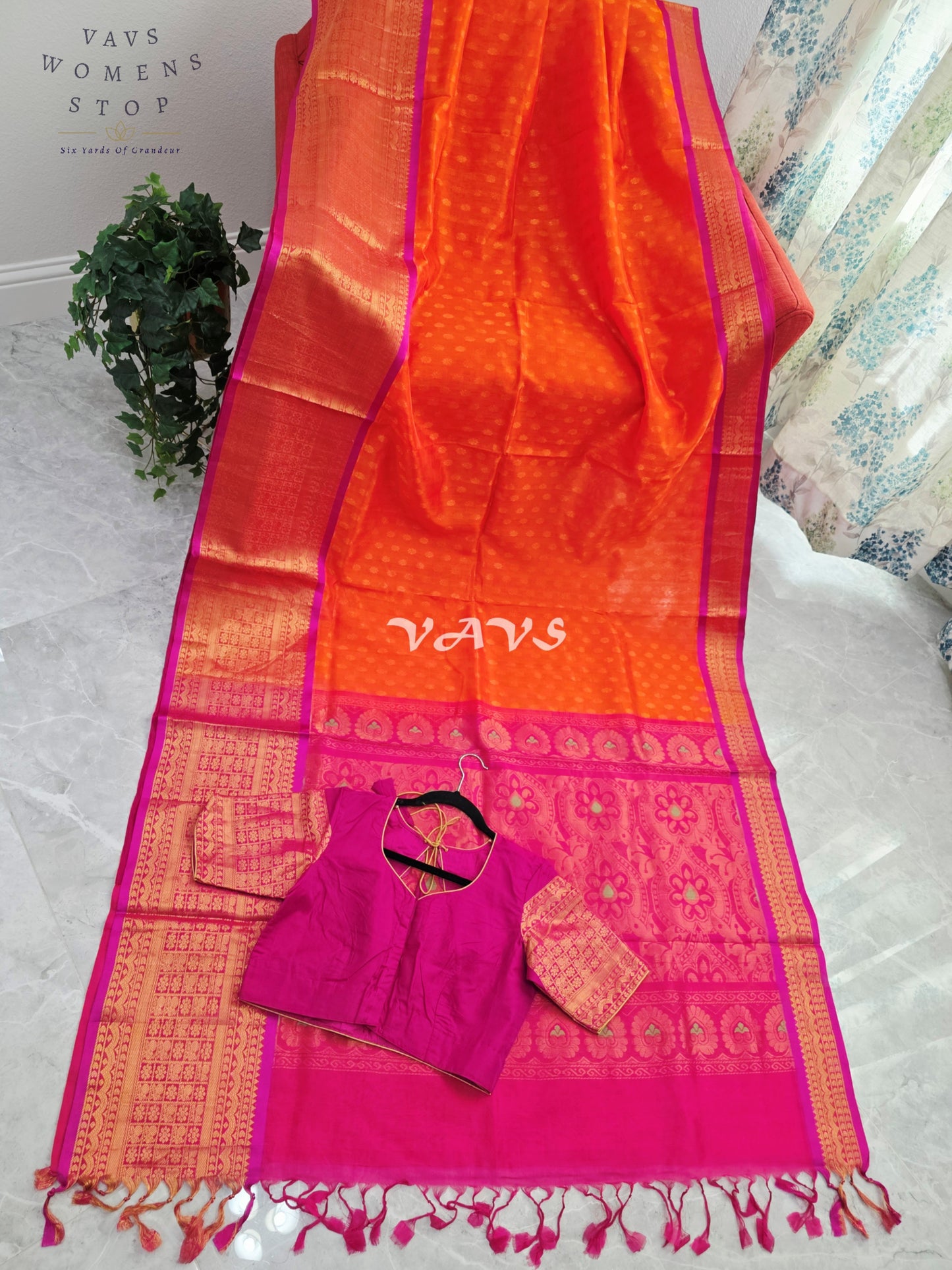 Royal Sunset Tangerine & Fuchsia Pink Mangalagiri Pattu Handloom Silk Cotton Saree with Antique Gold Zari Border & Stitched Blouse
