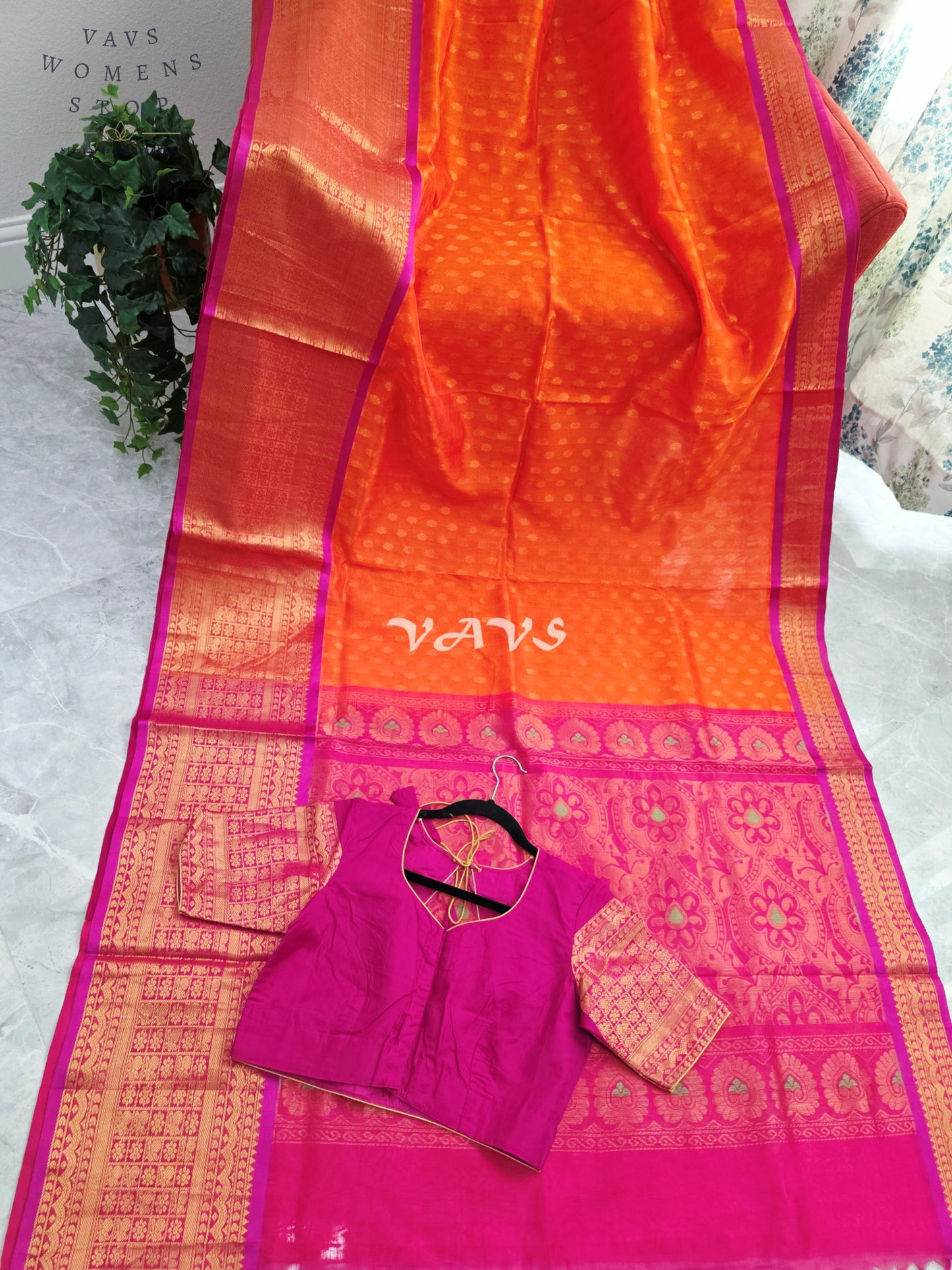 Royal Sunset Tangerine & Fuchsia Pink Mangalagiri Pattu Handloom Silk Cotton Saree with Antique Gold Zari Border & Stitched Blouse
