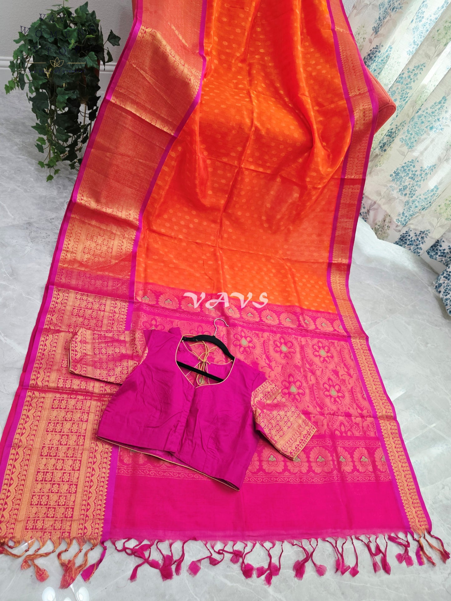 Royal Sunset Tangerine & Fuchsia Pink Mangalagiri Pattu Handloom Silk Cotton Saree with Antique Gold Zari Border & Stitched Blouse