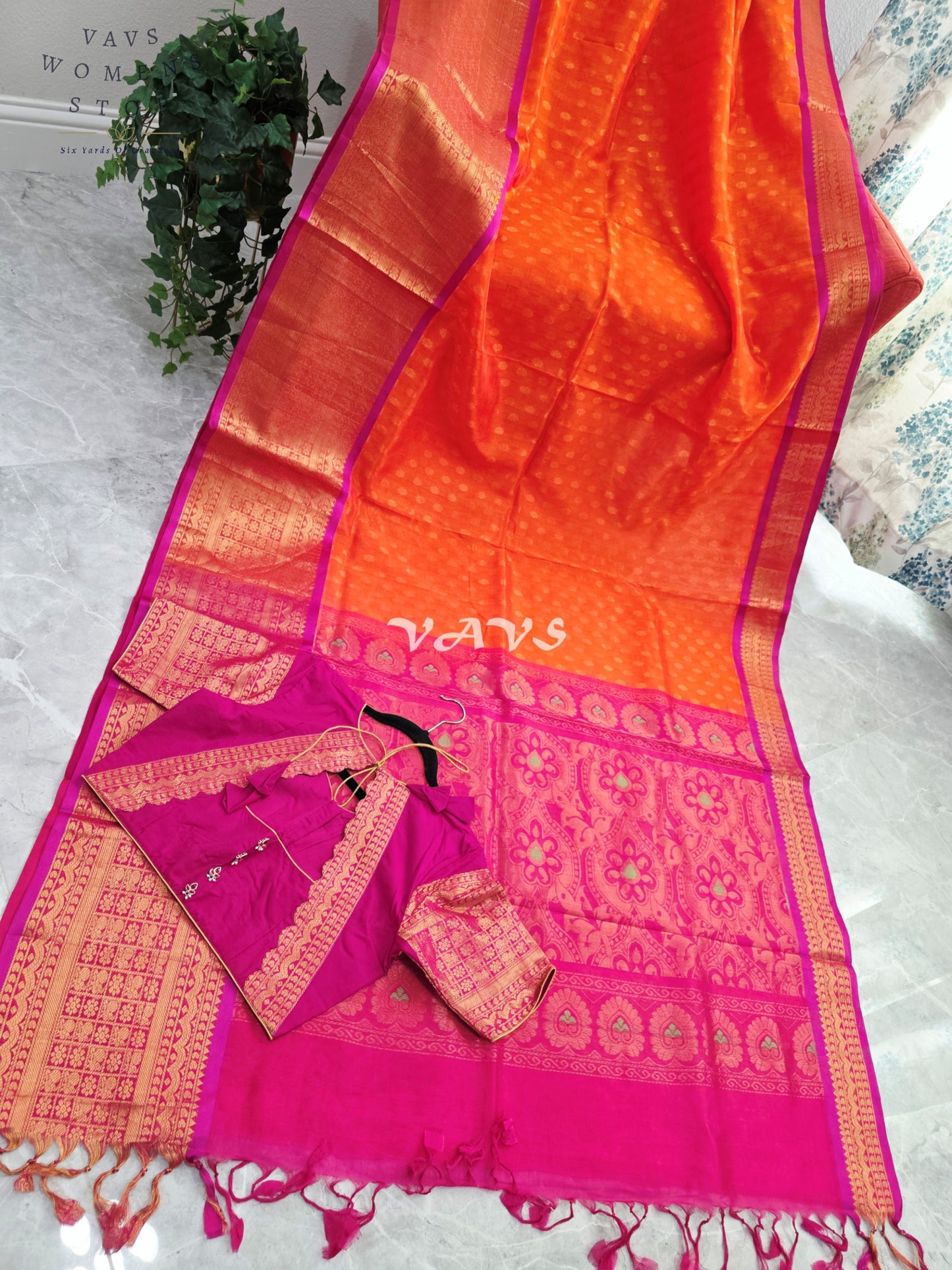 Royal Sunset Tangerine & Fuchsia Pink Mangalagiri Pattu Handloom Silk Cotton Saree with Antique Gold Zari Border & Stitched Blouse