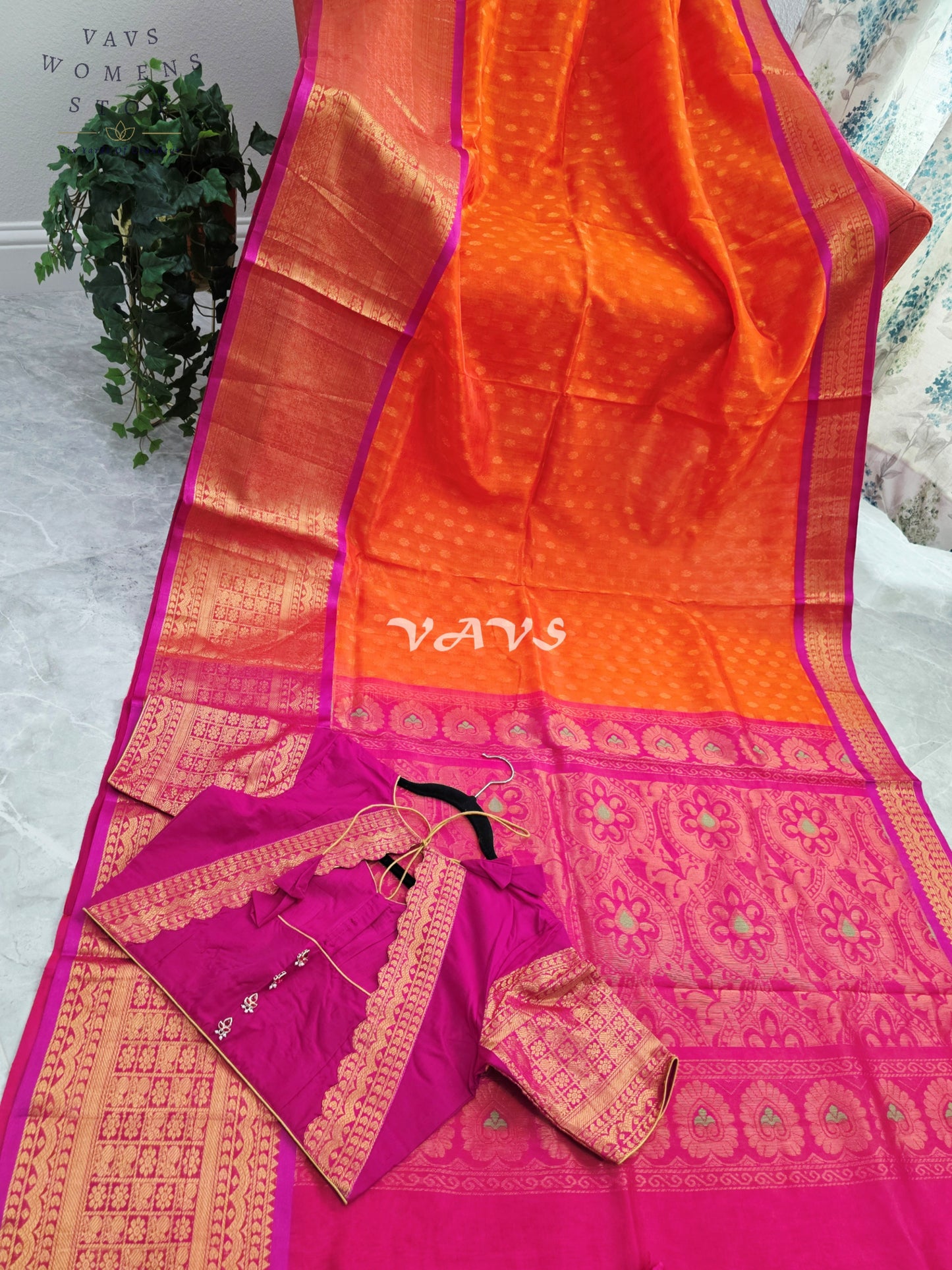 Royal Sunset Tangerine & Fuchsia Pink Mangalagiri Pattu Handloom Silk Cotton Saree with Antique Gold Zari Border & Stitched Blouse