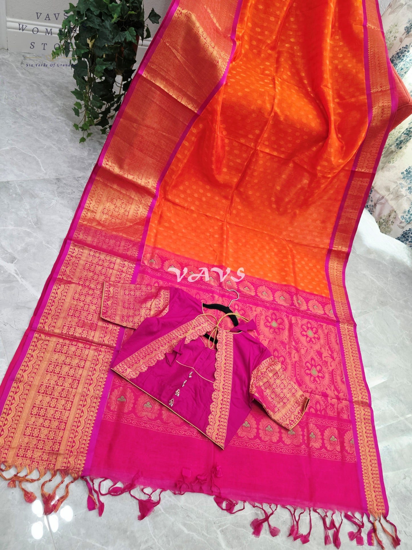 Royal Sunset Tangerine & Fuchsia Pink Mangalagiri Pattu Handloom Silk Cotton Saree with Antique Gold Zari Border & Stitched Blouse