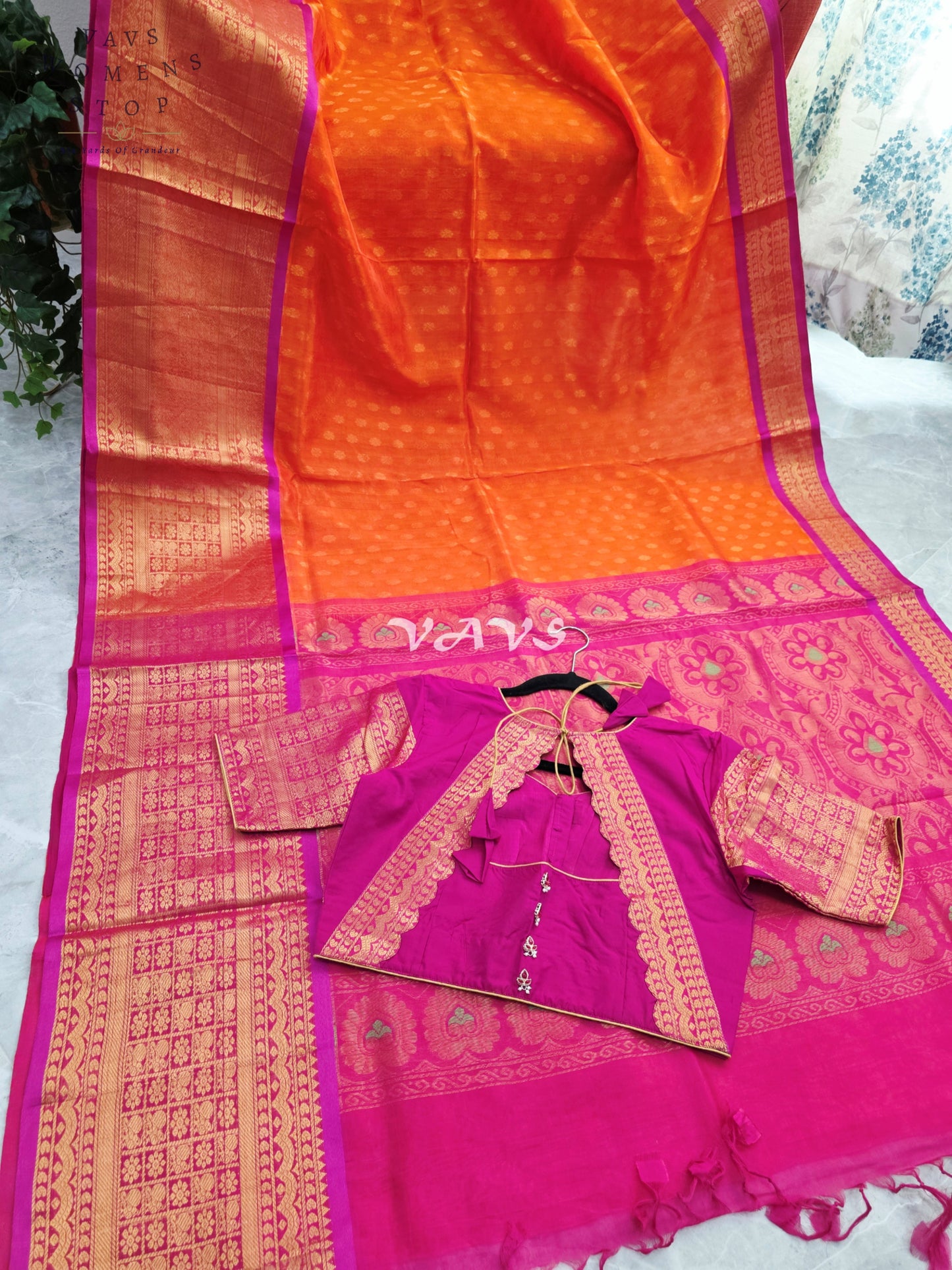 Royal Sunset Tangerine & Fuchsia Pink Mangalagiri Pattu Handloom Silk Cotton Saree with Antique Gold Zari Border & Stitched Blouse