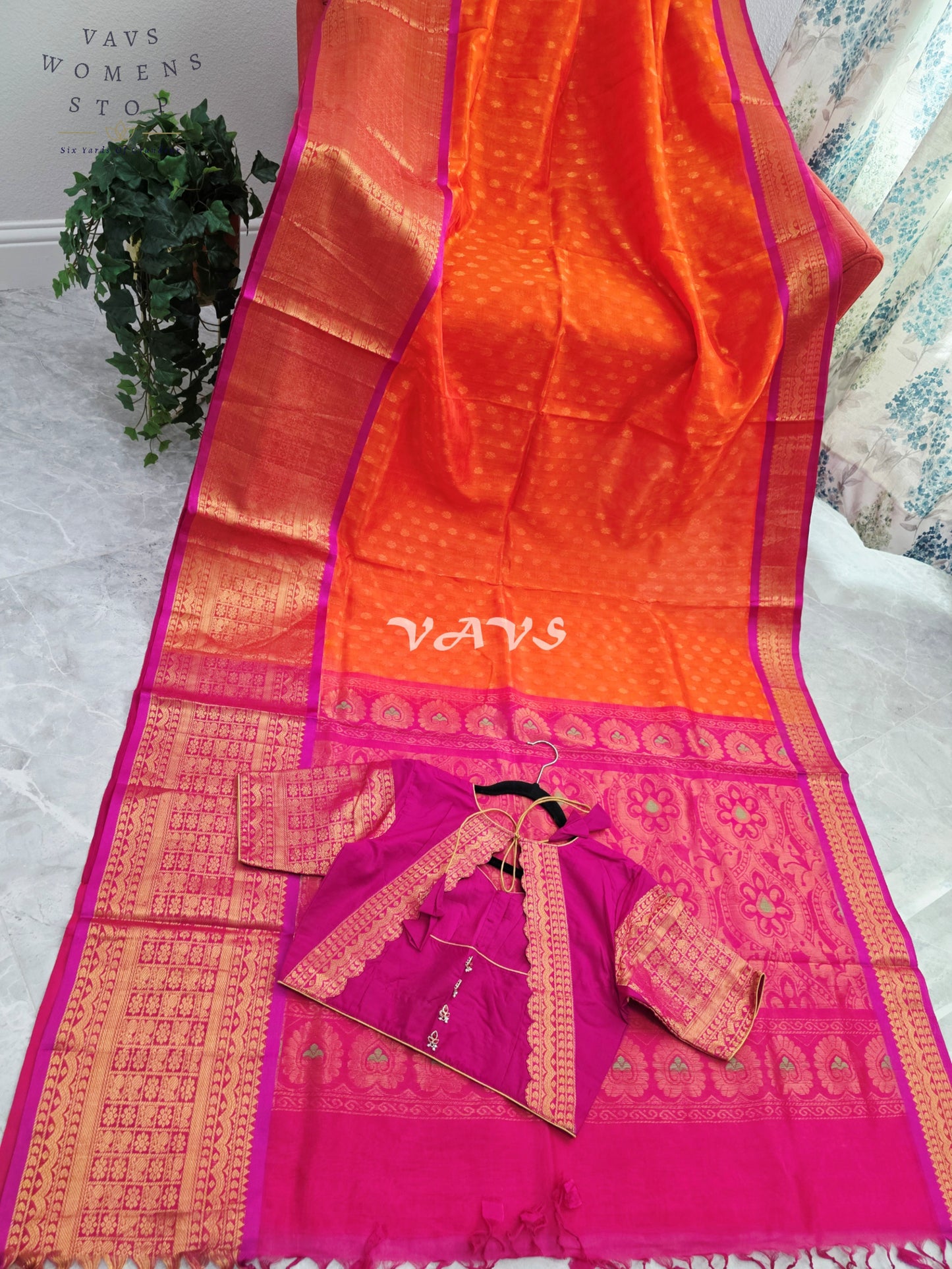Royal Sunset Tangerine & Fuchsia Pink Mangalagiri Pattu Handloom Silk Cotton Saree with Antique Gold Zari Border & Stitched Blouse