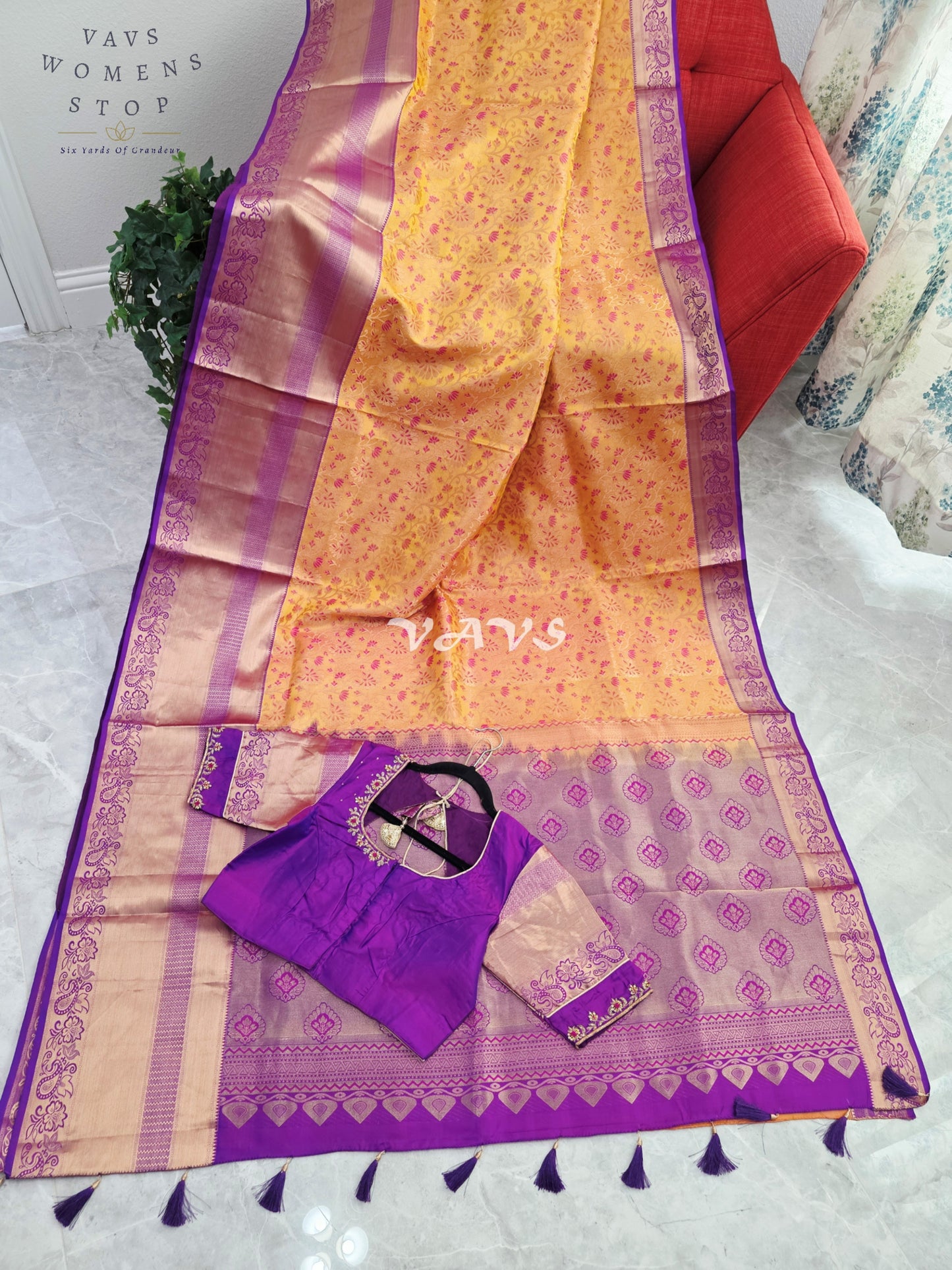 Royal Golden Apricot & Regal Amethyst Purple Pure Kanchi Double Warp Soft Silk Saree with Designer Maggam Blouse