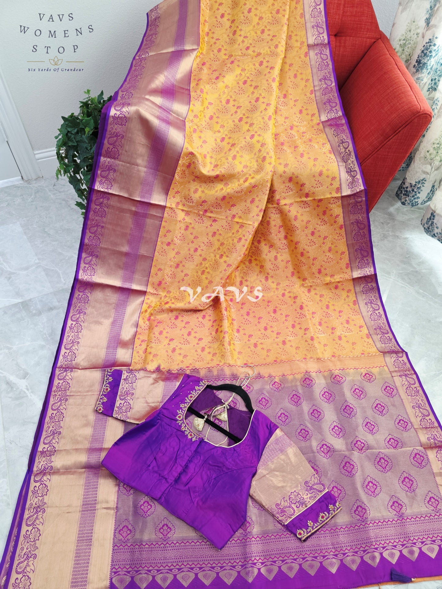 Royal Golden Apricot & Regal Amethyst Purple Pure Kanchi Double Warp Soft Silk Saree with Designer Maggam Blouse