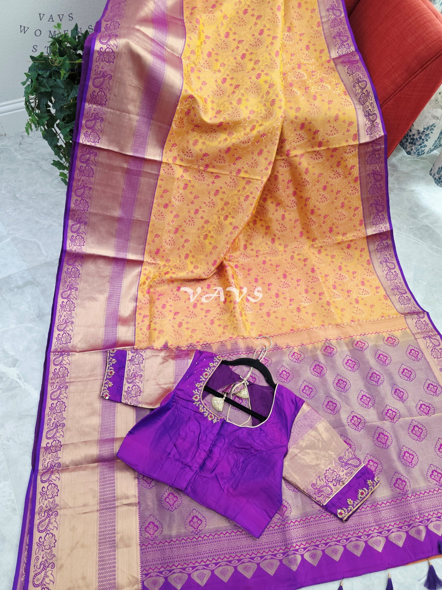 Royal Golden Apricot & Regal Amethyst Purple Pure Kanchi Double Warp Soft Silk Saree with Designer Maggam Blouse