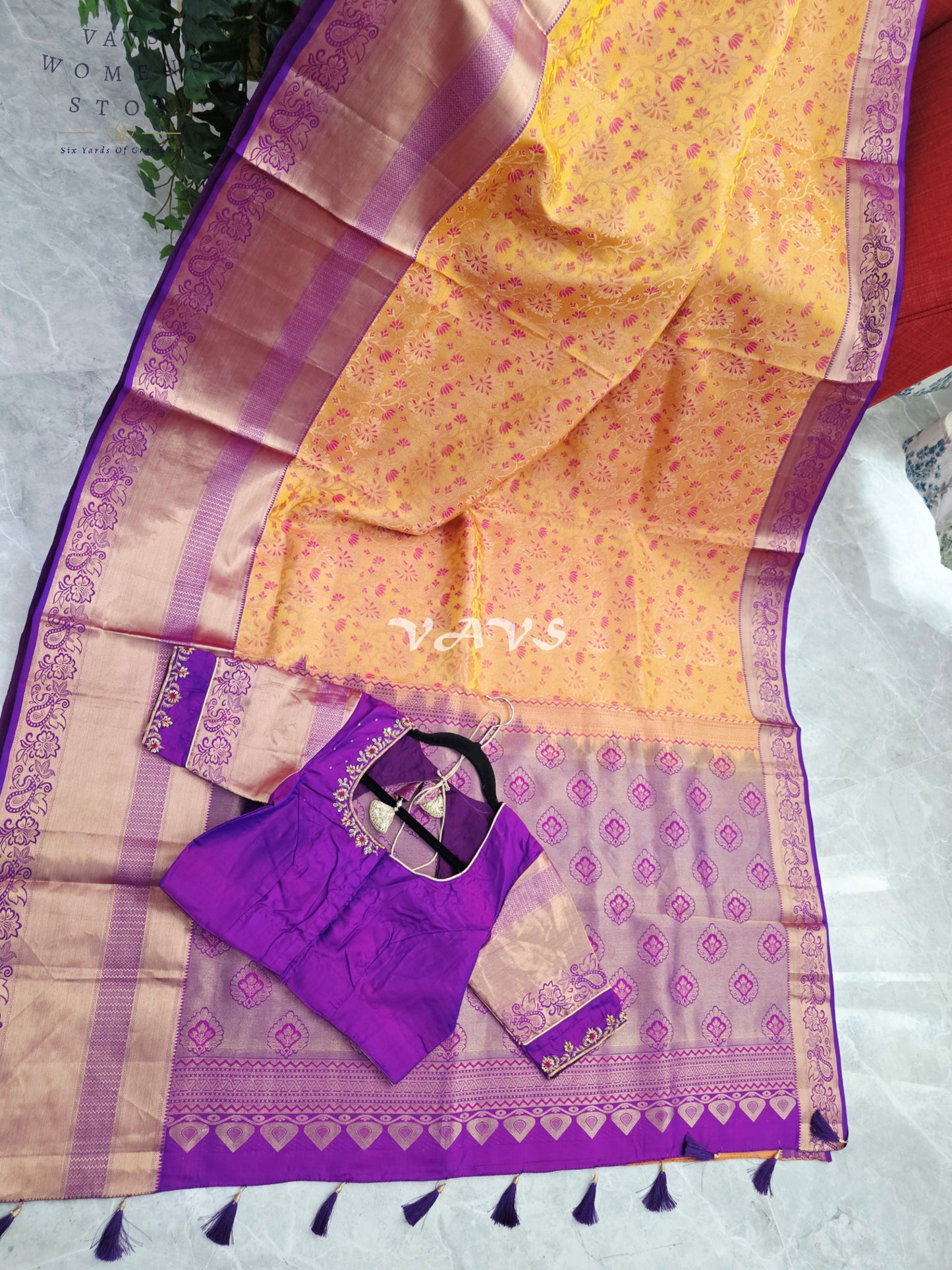 Royal Golden Apricot & Regal Amethyst Purple Pure Kanchi Double Warp Soft Silk Saree with Designer Maggam Blouse
