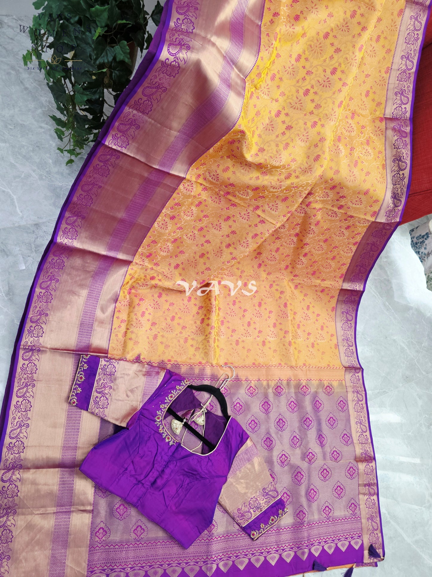 Royal Golden Apricot & Regal Amethyst Purple Pure Kanchi Double Warp Soft Silk Saree with Designer Maggam Blouse