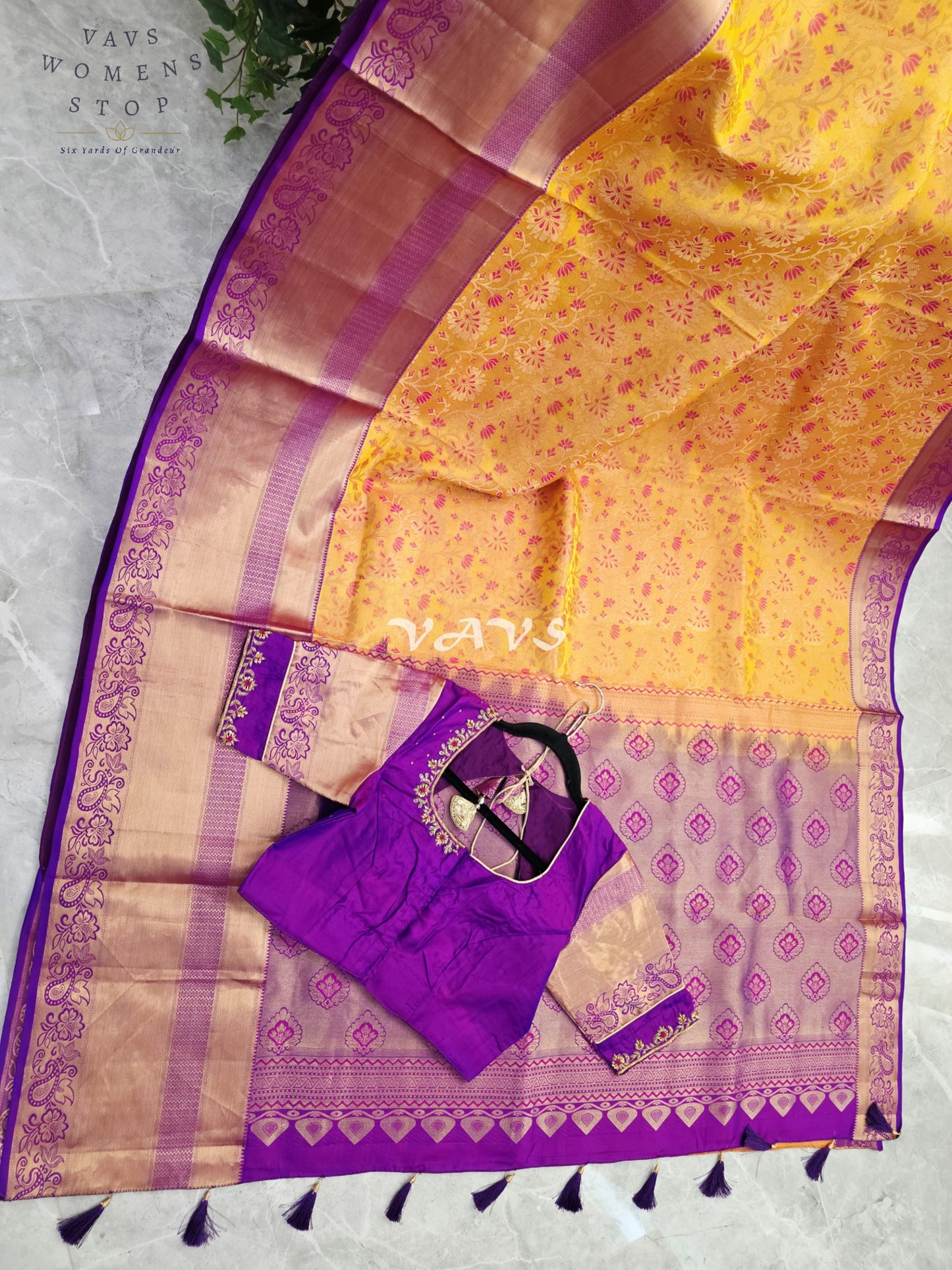Royal Golden Apricot & Regal Amethyst Purple Pure Kanchi Double Warp Soft Silk Saree with Designer Maggam Blouse