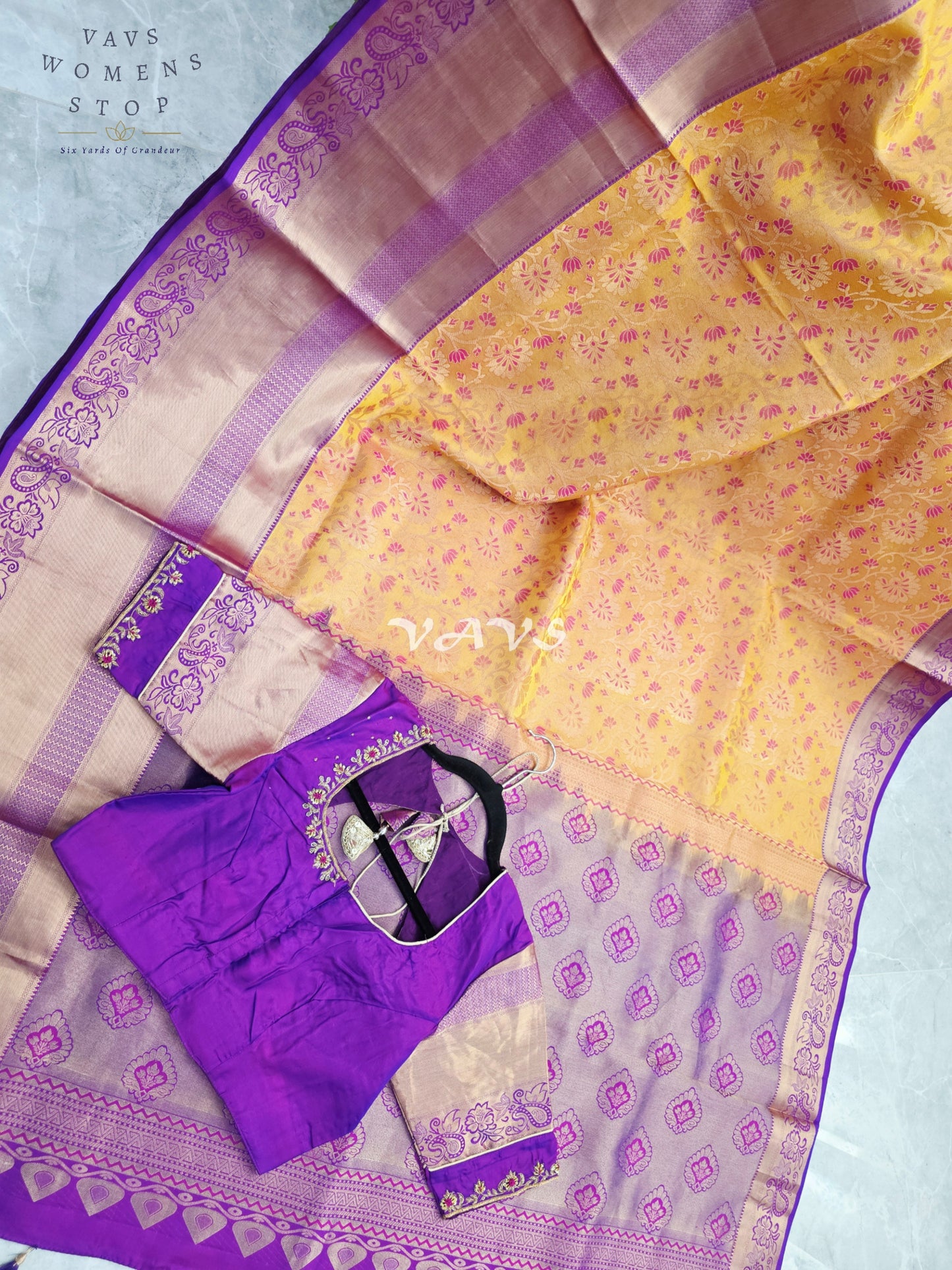 Royal Golden Apricot & Regal Amethyst Purple Pure Kanchi Double Warp Soft Silk Saree with Designer Maggam Blouse