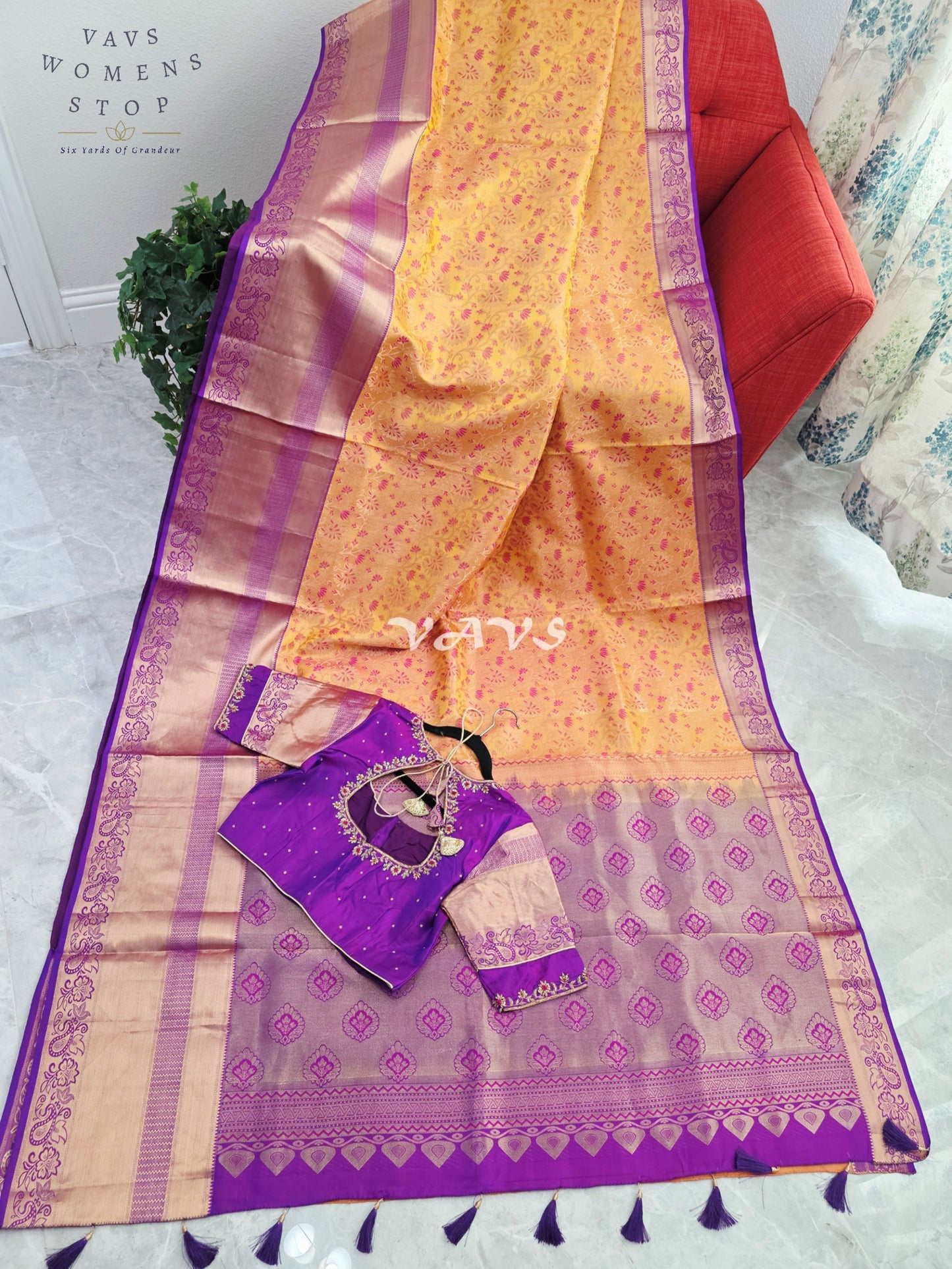Royal Golden Apricot & Regal Amethyst Purple Pure Kanchi Double Warp Soft Silk Saree with Designer Maggam Blouse