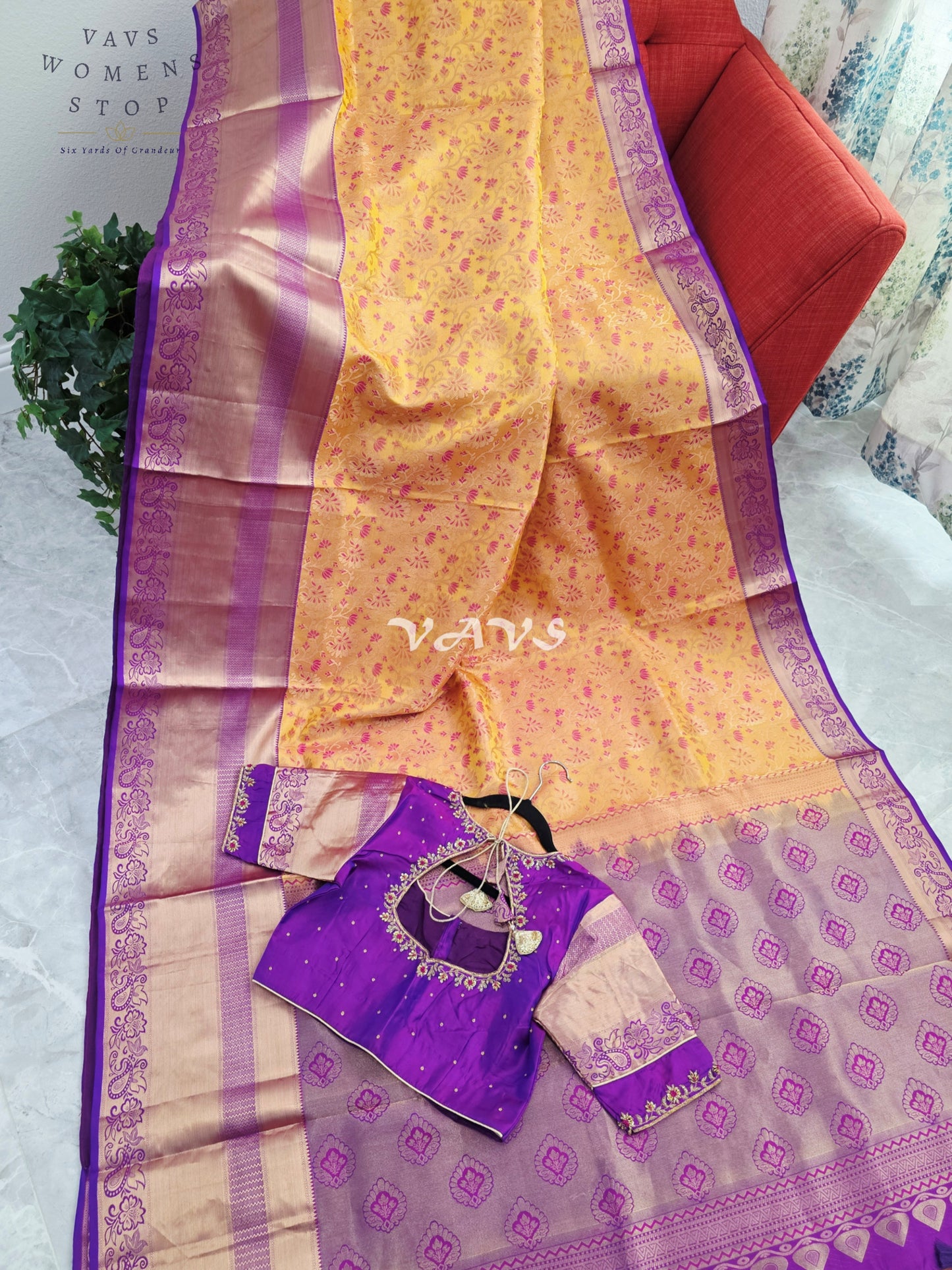 Royal Golden Apricot & Regal Amethyst Purple Pure Kanchi Double Warp Soft Silk Saree with Designer Maggam Blouse