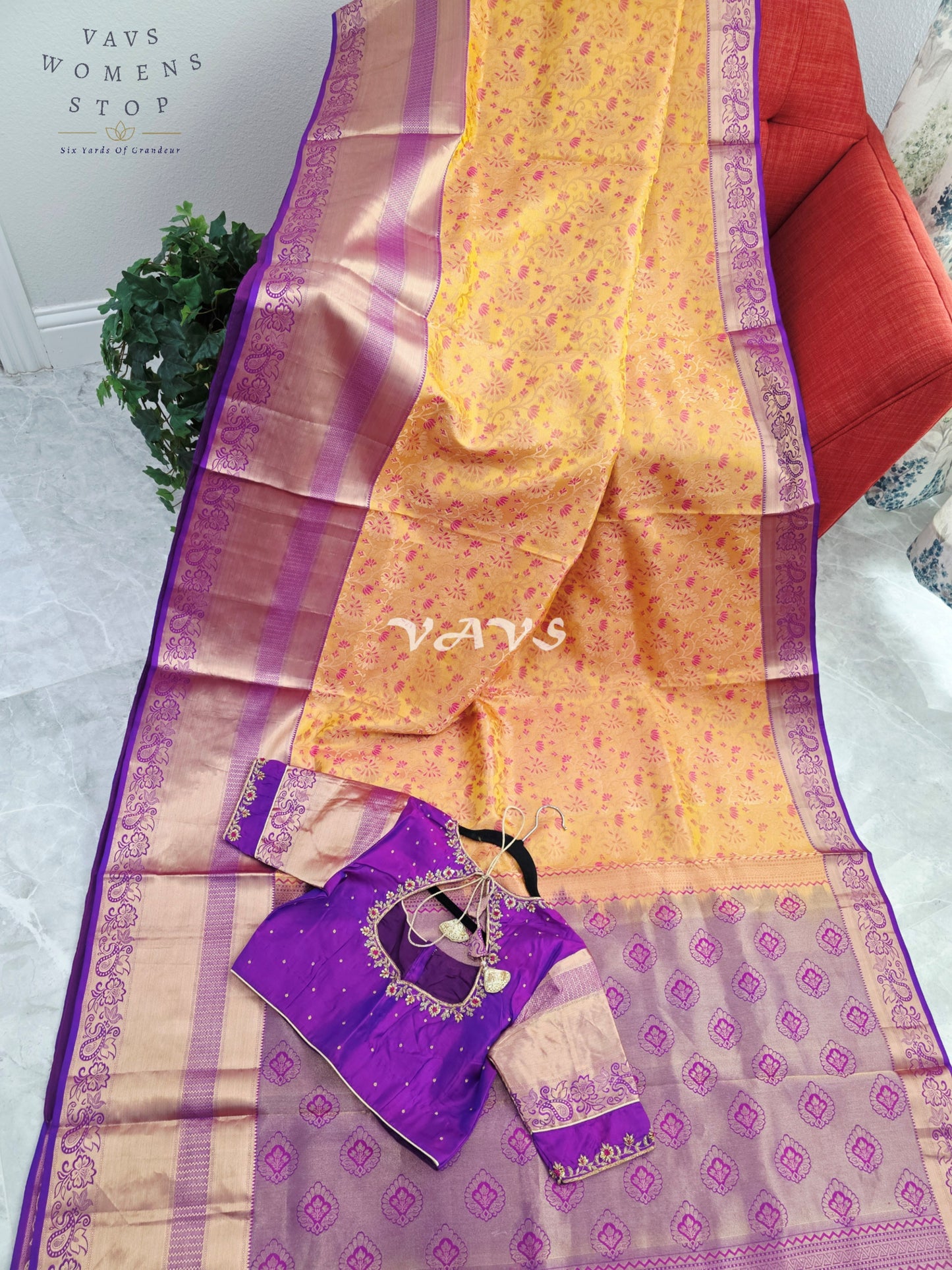Royal Golden Apricot & Regal Amethyst Purple Pure Kanchi Double Warp Soft Silk Saree with Designer Maggam Blouse