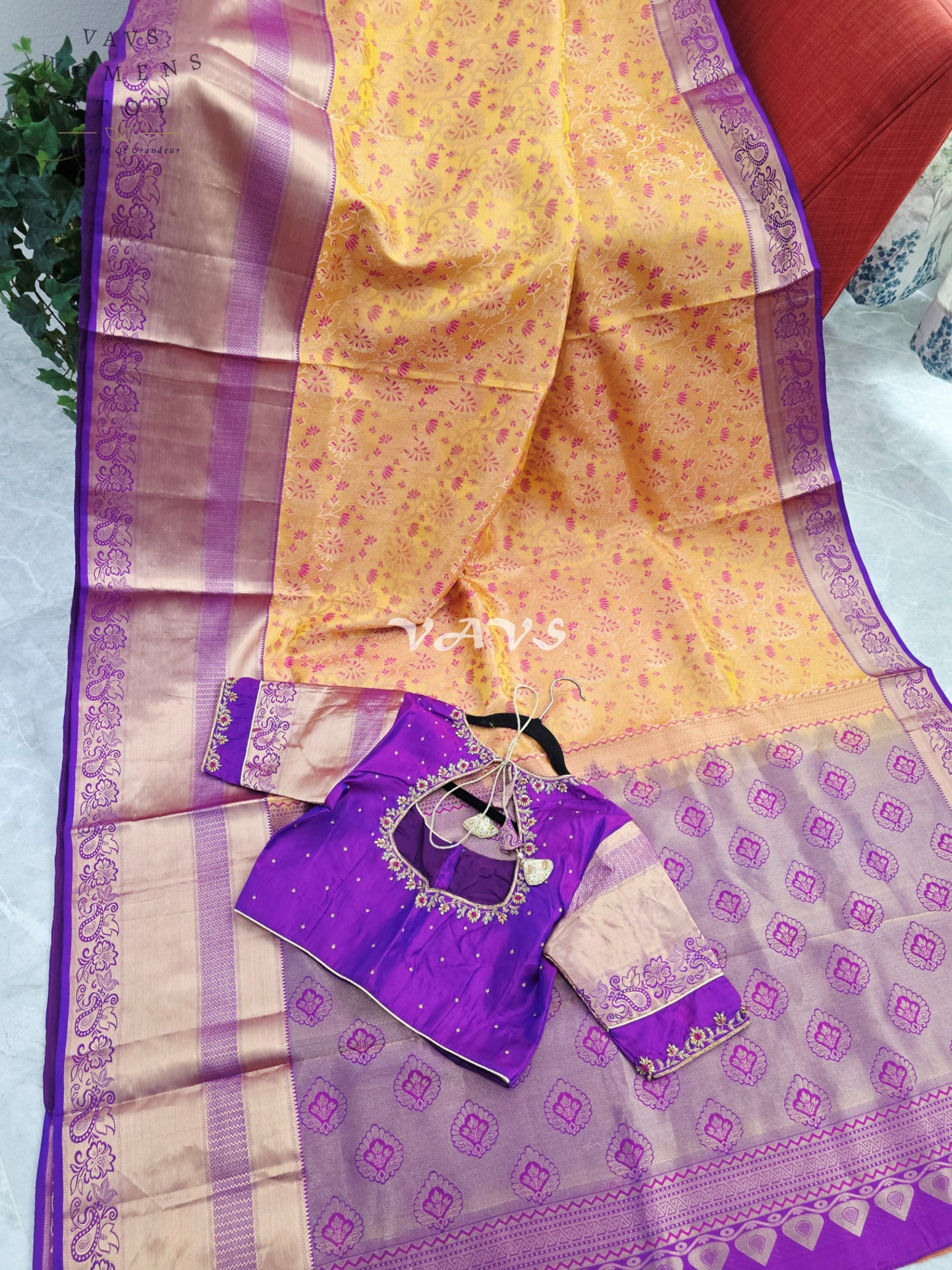 Royal Golden Apricot & Regal Amethyst Purple Pure Kanchi Double Warp Soft Silk Saree with Designer Maggam Blouse