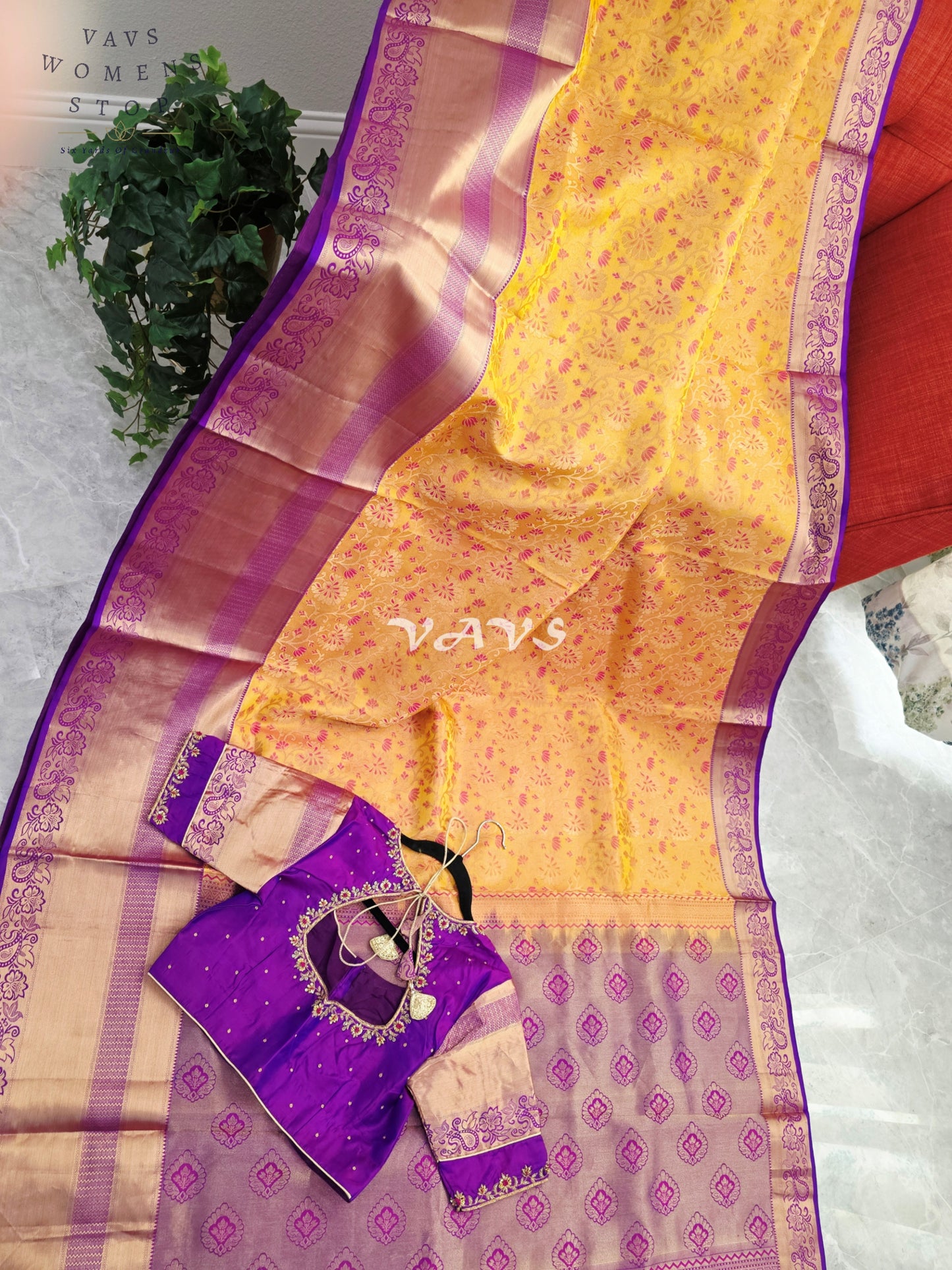 Royal Golden Apricot & Regal Amethyst Purple Pure Kanchi Double Warp Soft Silk Saree with Designer Maggam Blouse