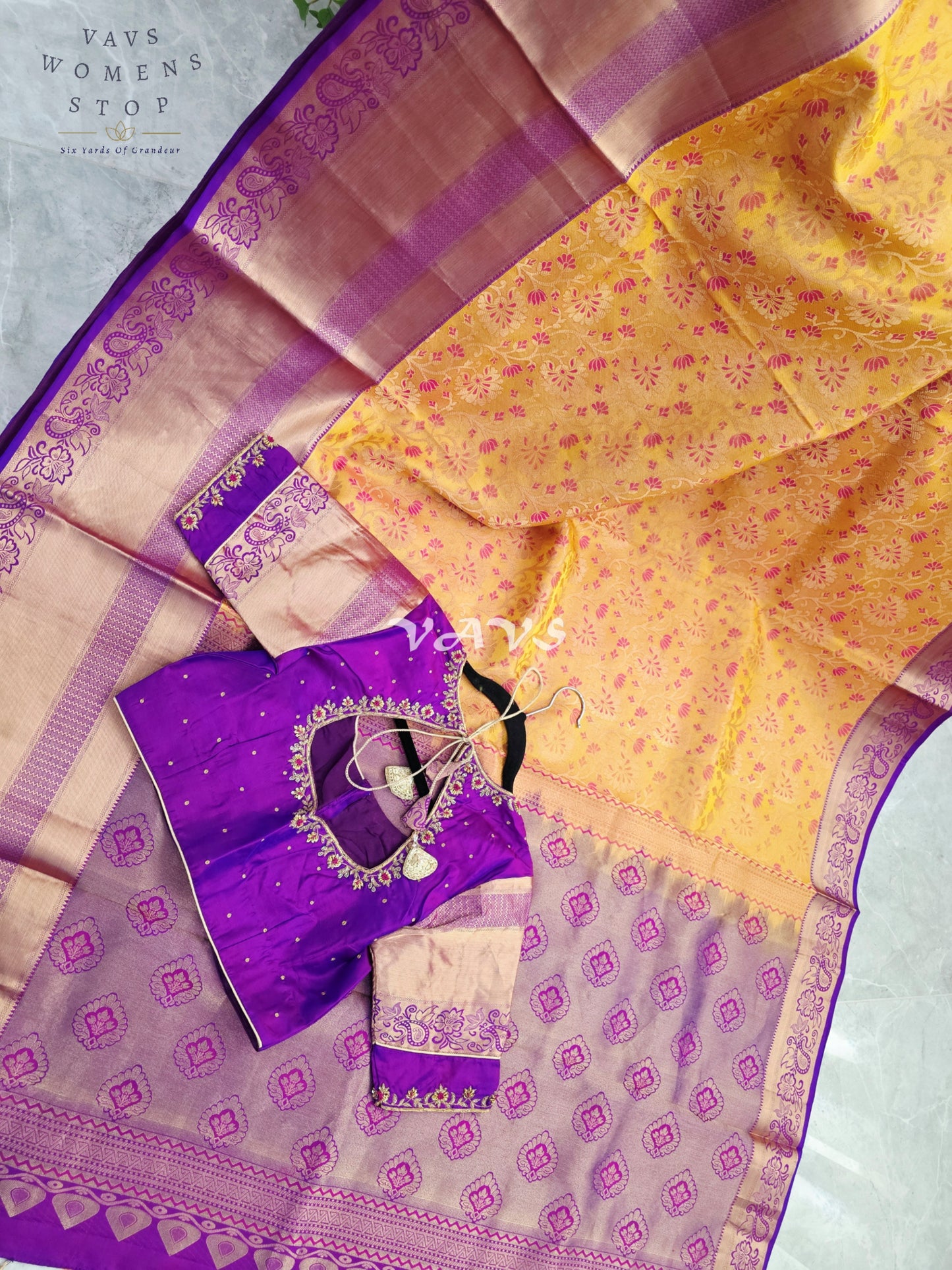 Royal Golden Apricot & Regal Amethyst Purple Pure Kanchi Double Warp Soft Silk Saree with Designer Maggam Blouse