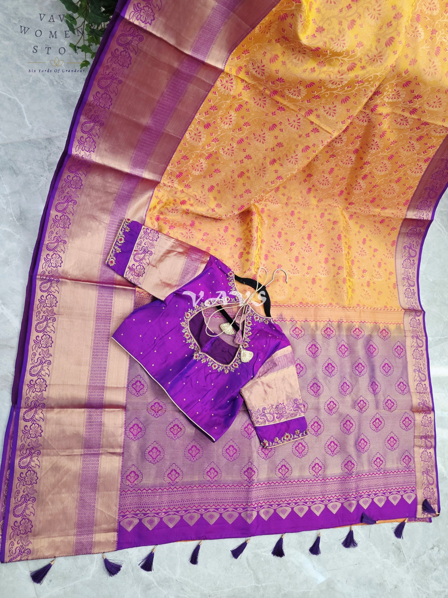 Royal Golden Apricot & Regal Amethyst Purple Pure Kanchi Double Warp Soft Silk Saree with Designer Maggam Blouse