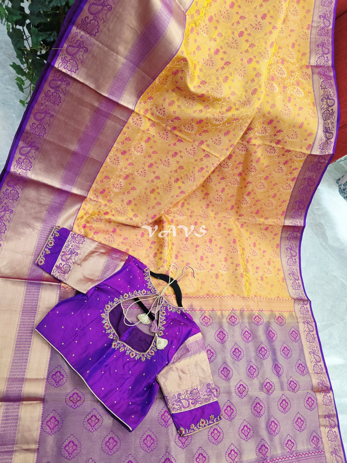 Royal Golden Apricot & Regal Amethyst Purple Pure Kanchi Double Warp Soft Silk Saree with Designer Maggam Blouse