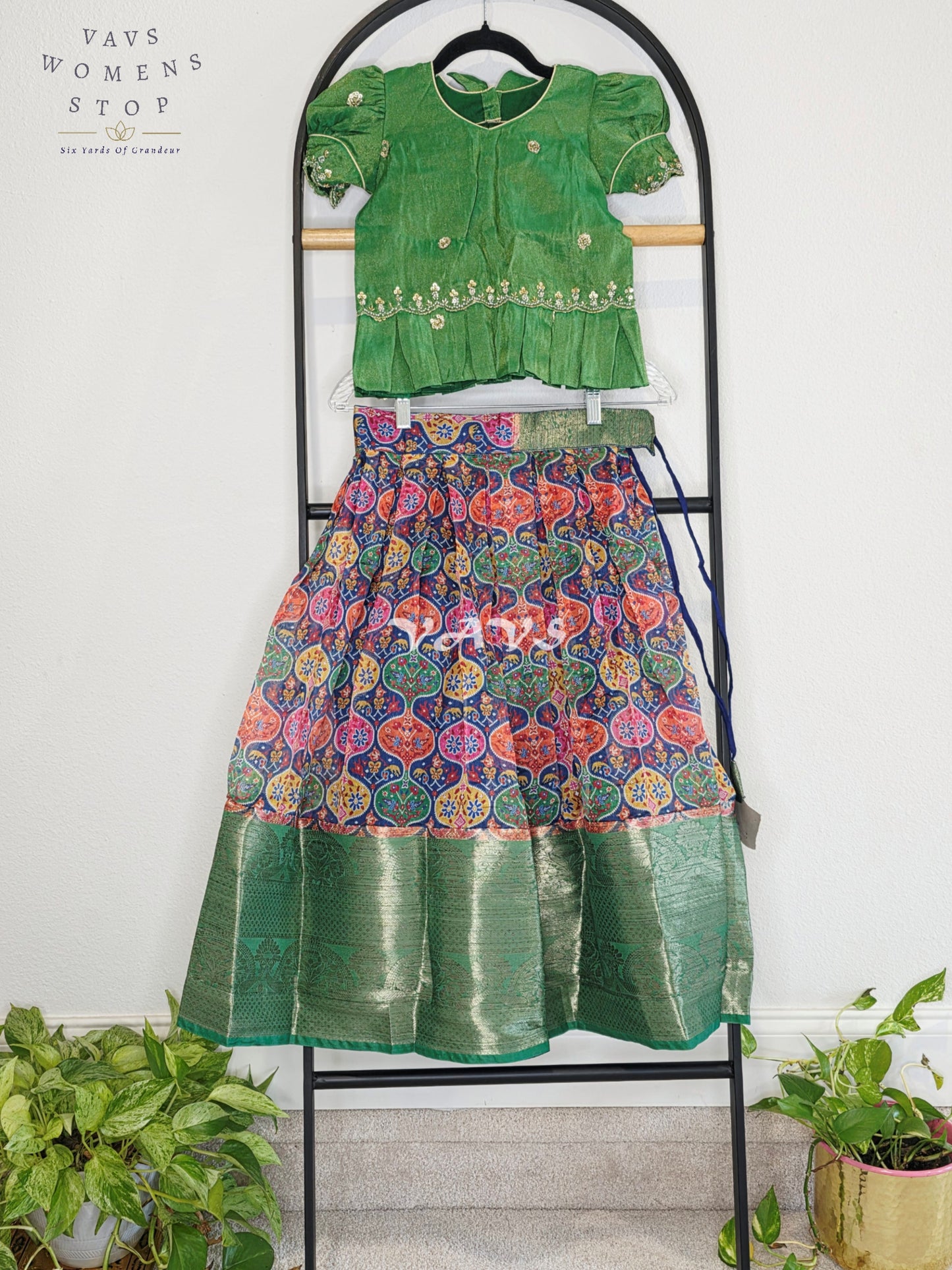 Royal Emerald Green & Multicolor Patola Print Organza Lehenga Set with Tissue Blouse for Girls Ages 5–6 Years