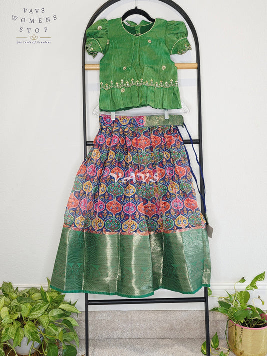 Royal Emerald Green & Multicolor Patola Print Organza Lehenga Set with Tissue Blouse for Girls Ages 5–6 Years