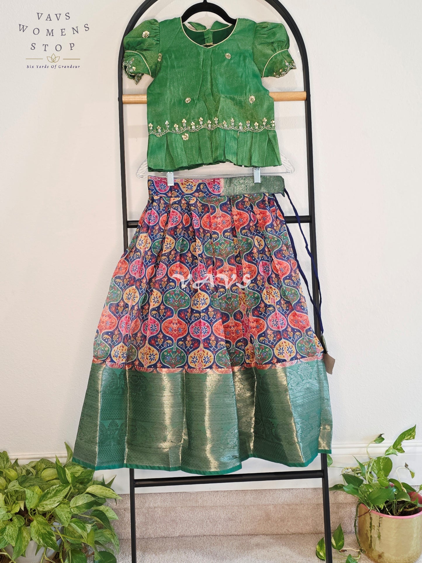 Royal Emerald Green & Multicolor Patola Print Organza Lehenga Set with Tissue Blouse for Girls Ages 5–6 Years