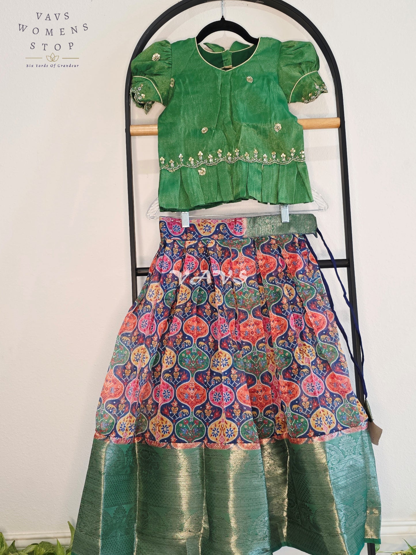 Royal Emerald Green & Multicolor Patola Print Organza Lehenga Set with Tissue Blouse for Girls Ages 5–6 Years