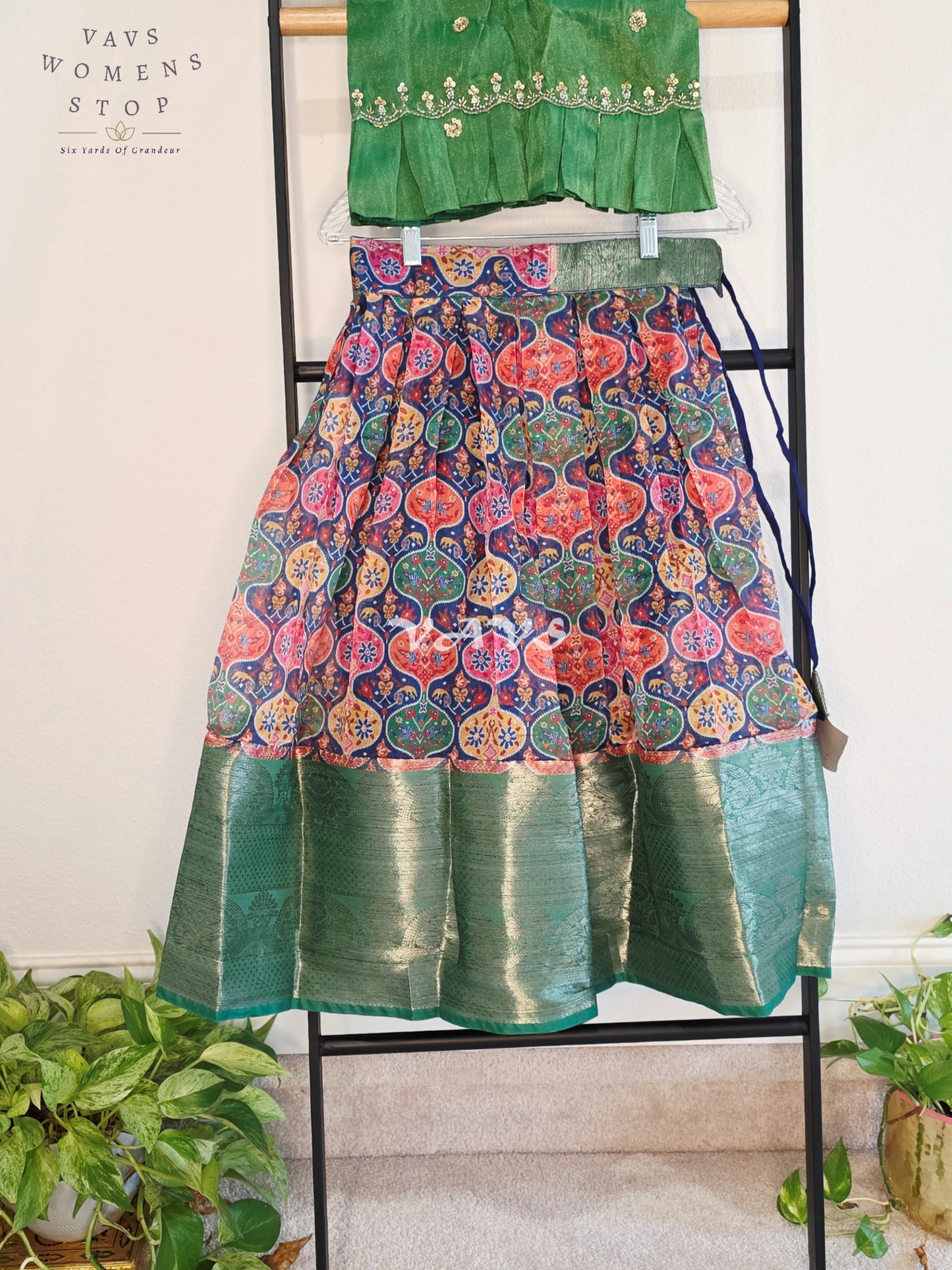 Royal Emerald Green & Multicolor Patola Print Organza Lehenga Set with Tissue Blouse for Girls Ages 5–6 Years