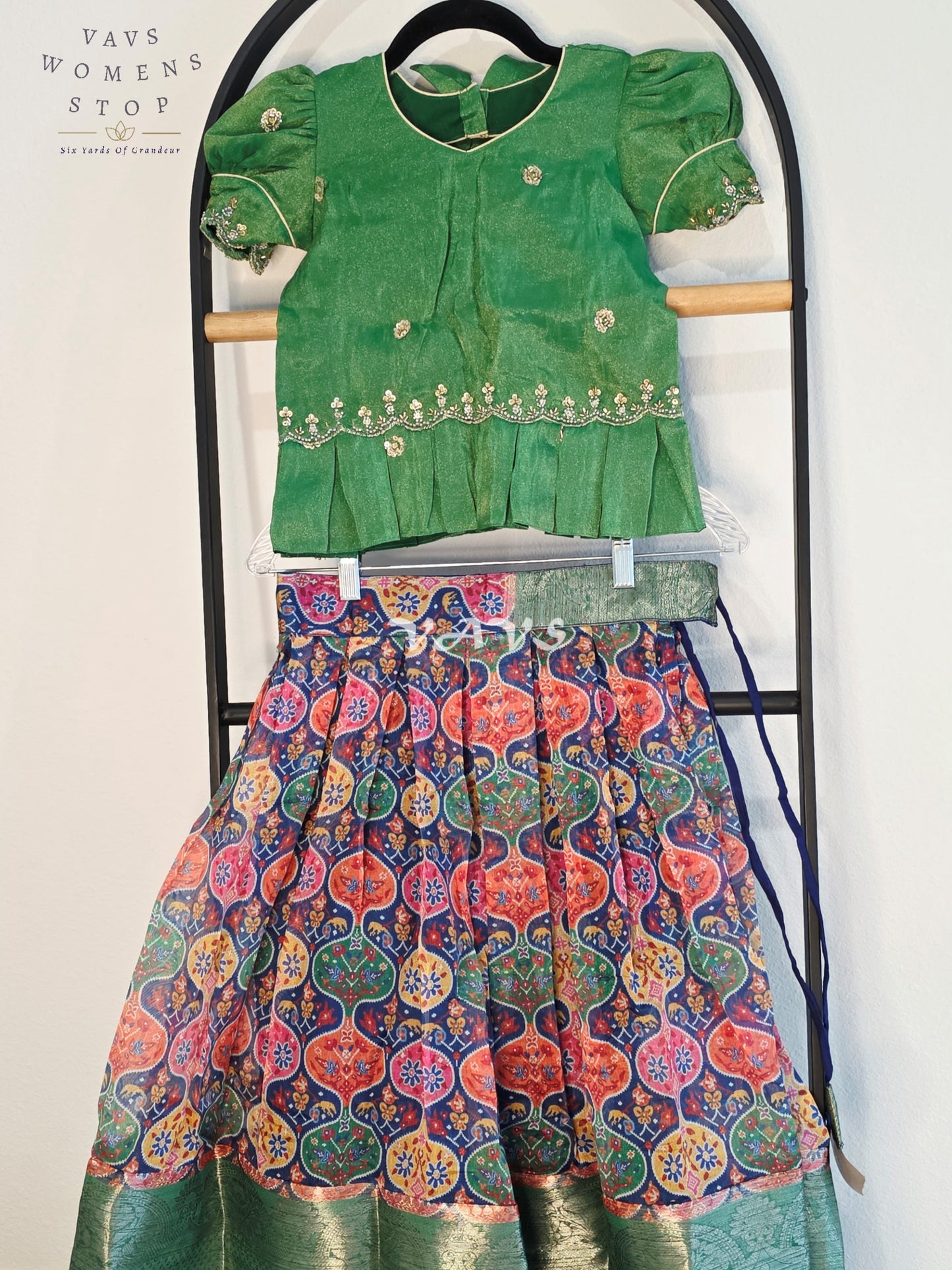 Royal Emerald Green & Multicolor Patola Print Organza Lehenga Set with Tissue Blouse for Girls Ages 5–6 Years