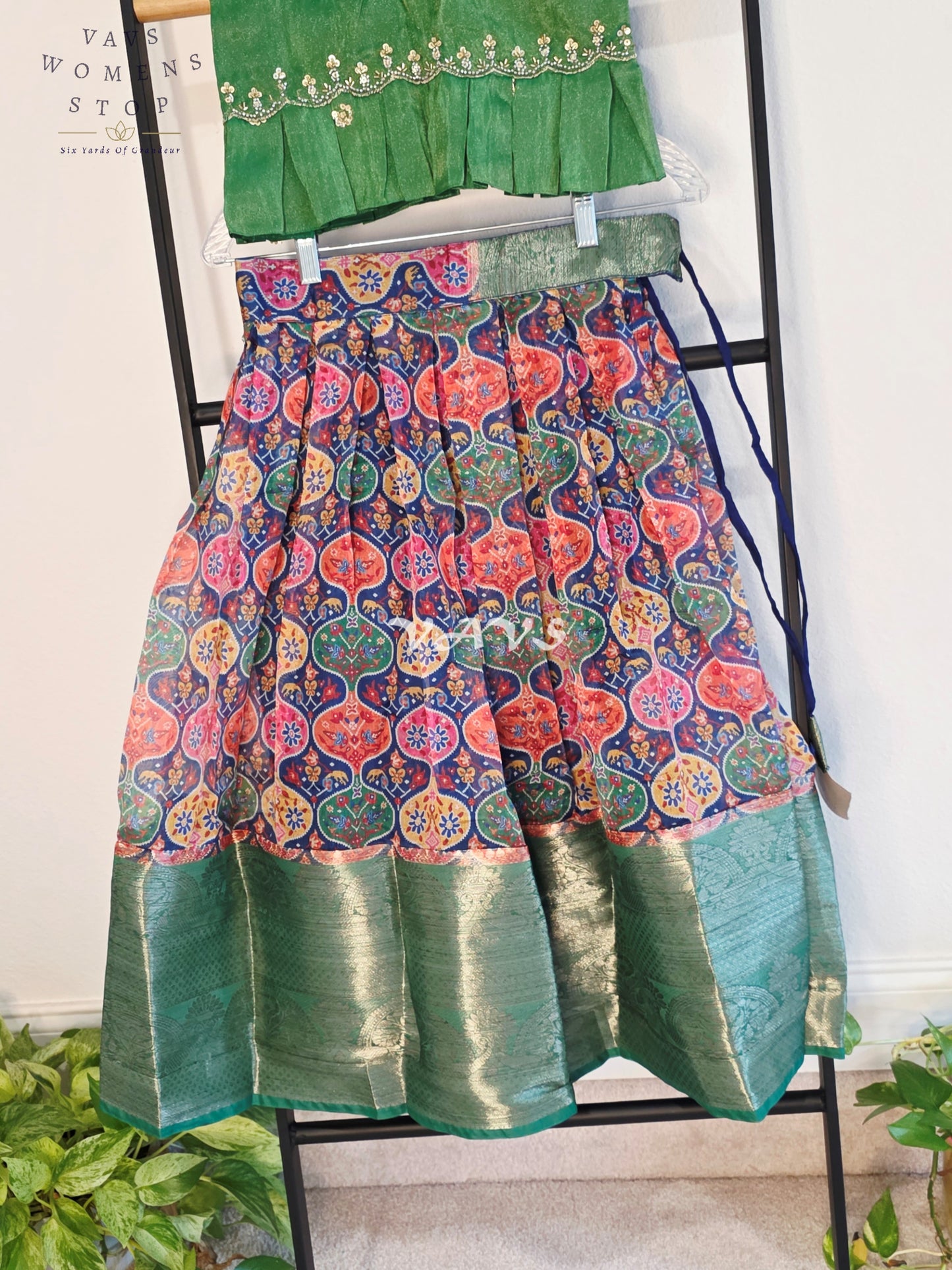 Royal Emerald Green & Multicolor Patola Print Organza Lehenga Set with Tissue Blouse for Girls Ages 5–6 Years