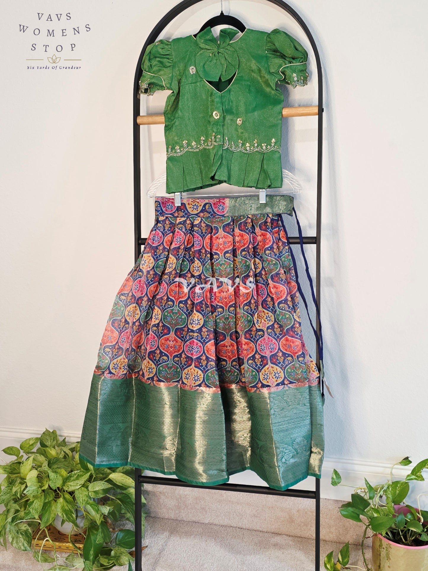 Royal Emerald Green & Multicolor Patola Print Organza Lehenga Set with Tissue Blouse for Girls Ages 5–6 Years