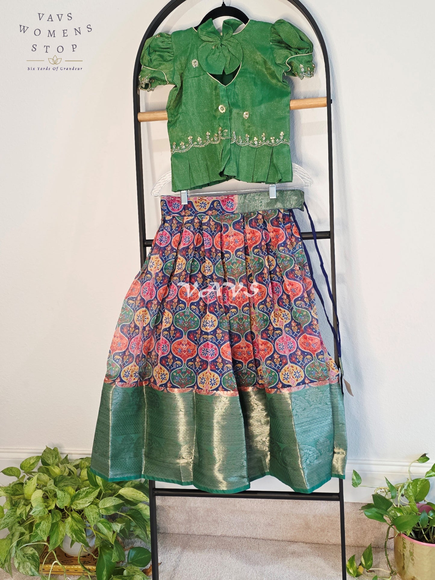 Royal Emerald Green & Multicolor Patola Print Organza Lehenga Set with Tissue Blouse for Girls Ages 5–6 Years