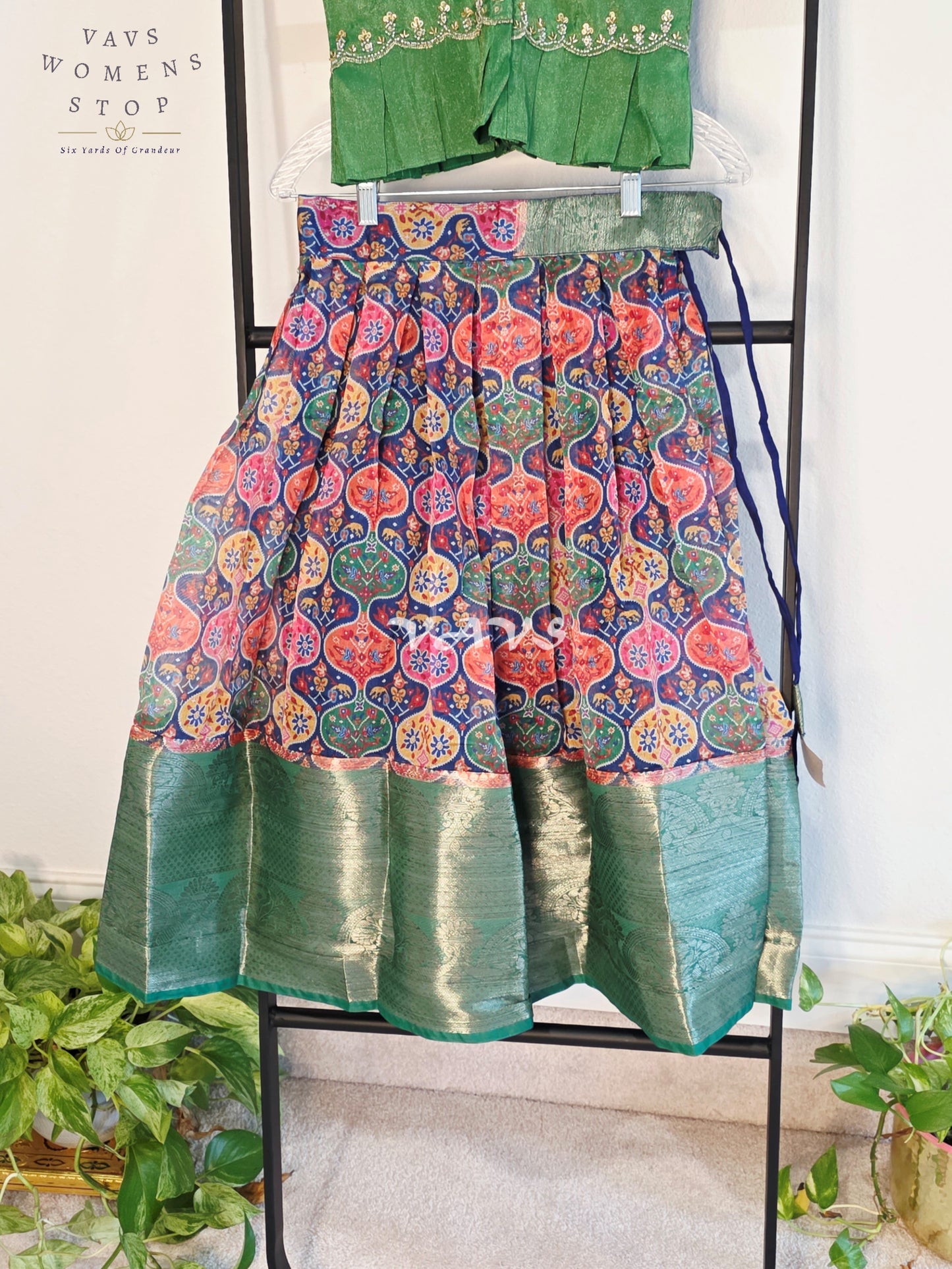 Royal Emerald Green & Multicolor Patola Print Organza Lehenga Set with Tissue Blouse for Girls Ages 5–6 Years