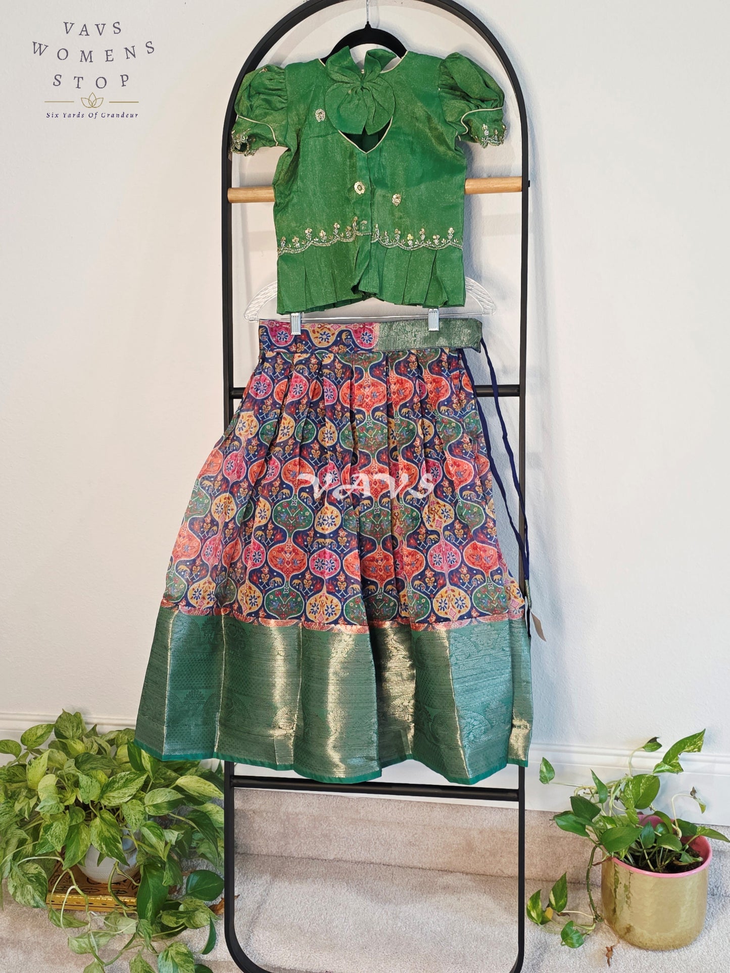 Royal Emerald Green & Multicolor Patola Print Organza Lehenga Set with Tissue Blouse for Girls Ages 5–6 Years