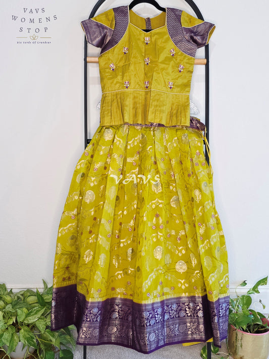 Royal Chartreuse Lime & Imperial Aubergine Benarasi Silk Lehenga Blouse Set for Girls Ages 10–11 Years